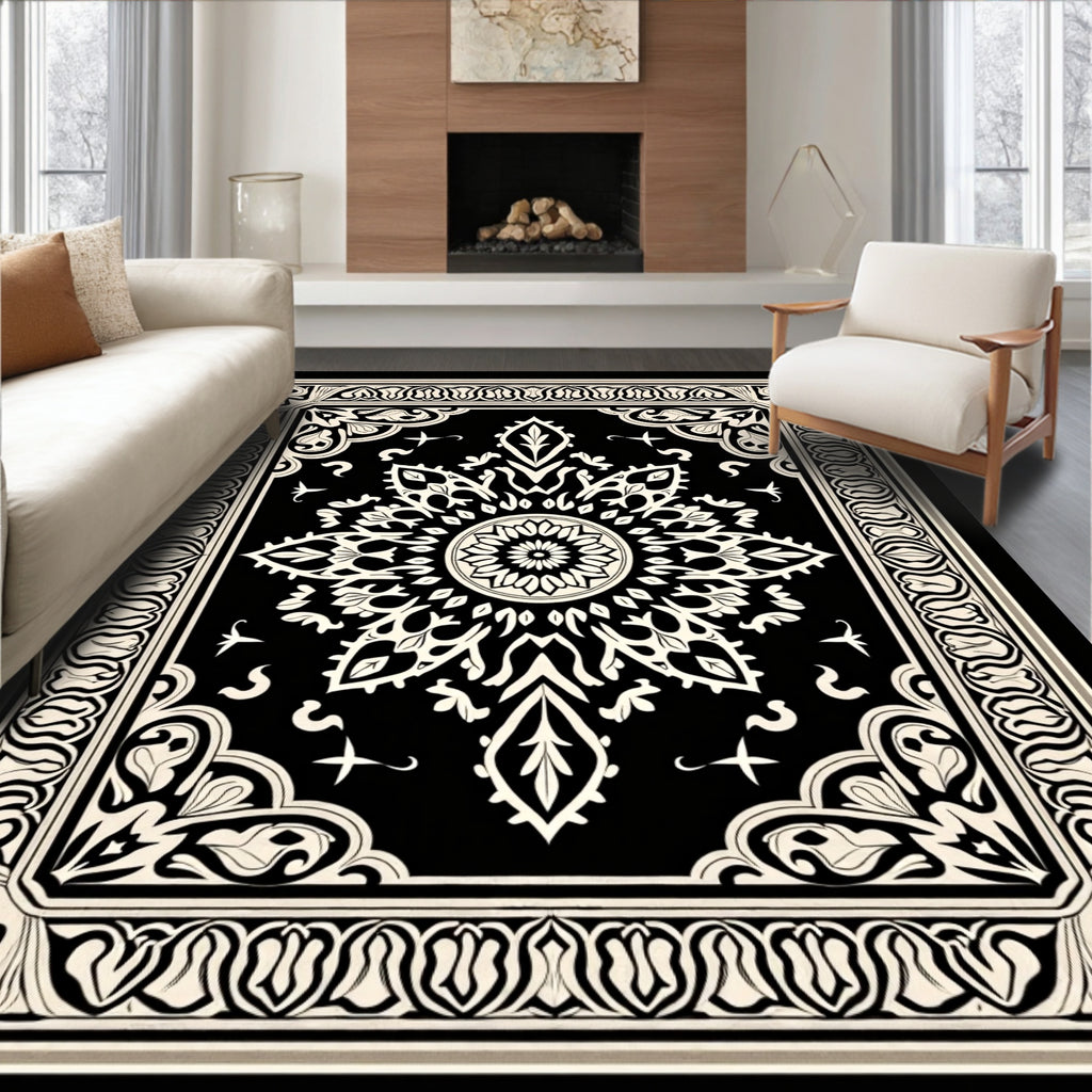 Elegant Black White Floral Mandala Rug