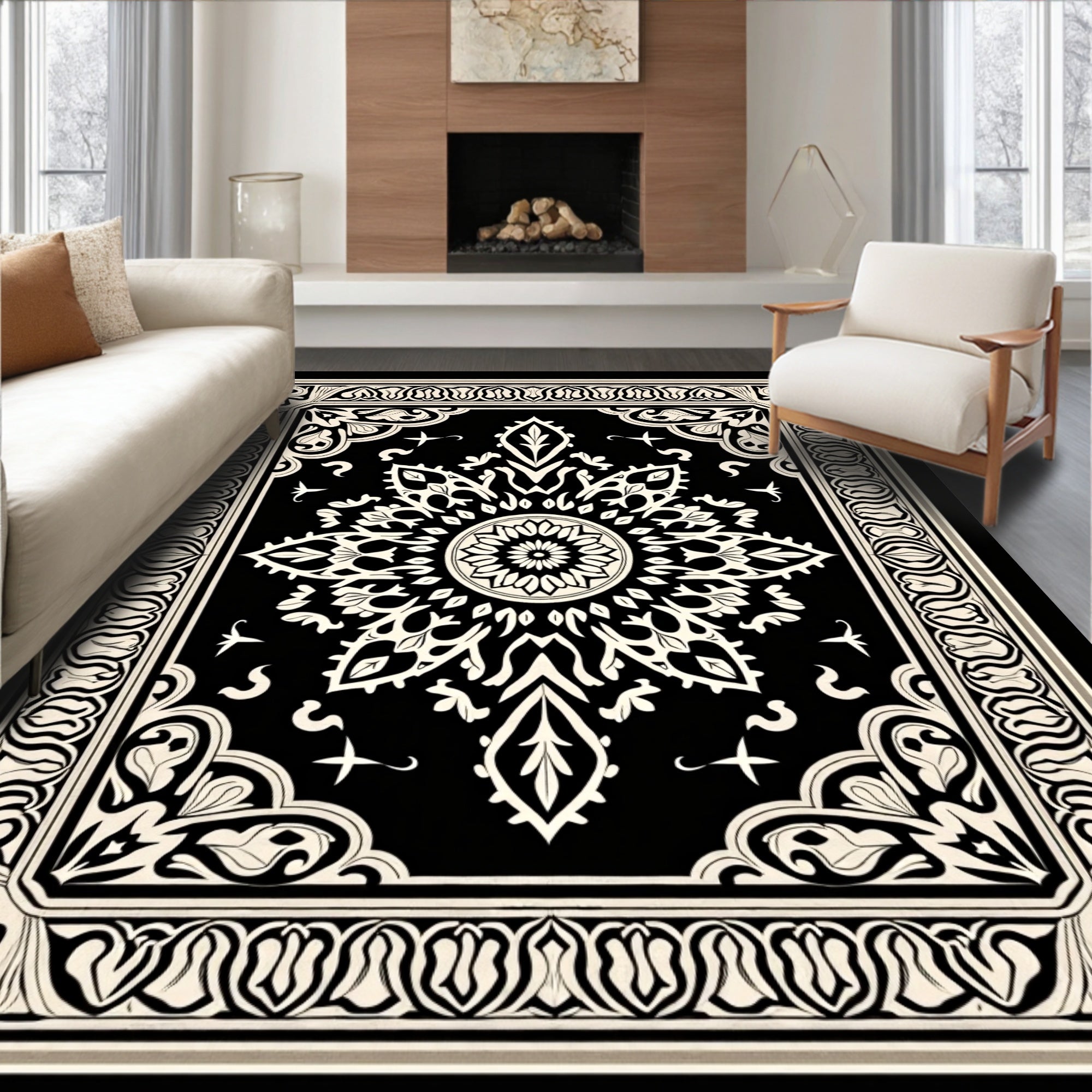 Elegant Black White Floral Mandala Rug