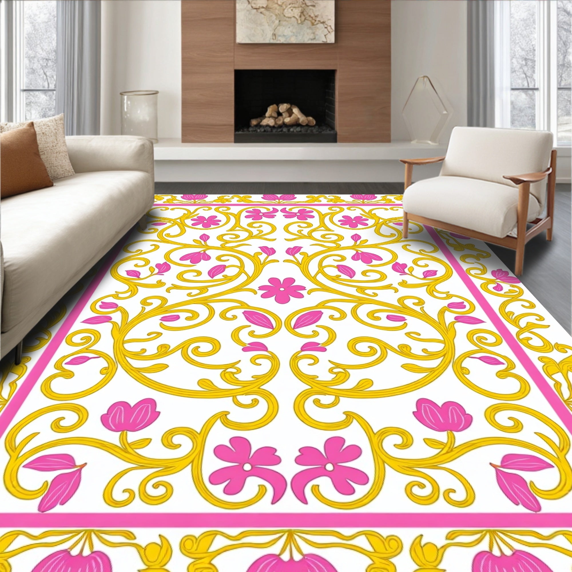 Pink Gold Floral Swirl Pattern Rug