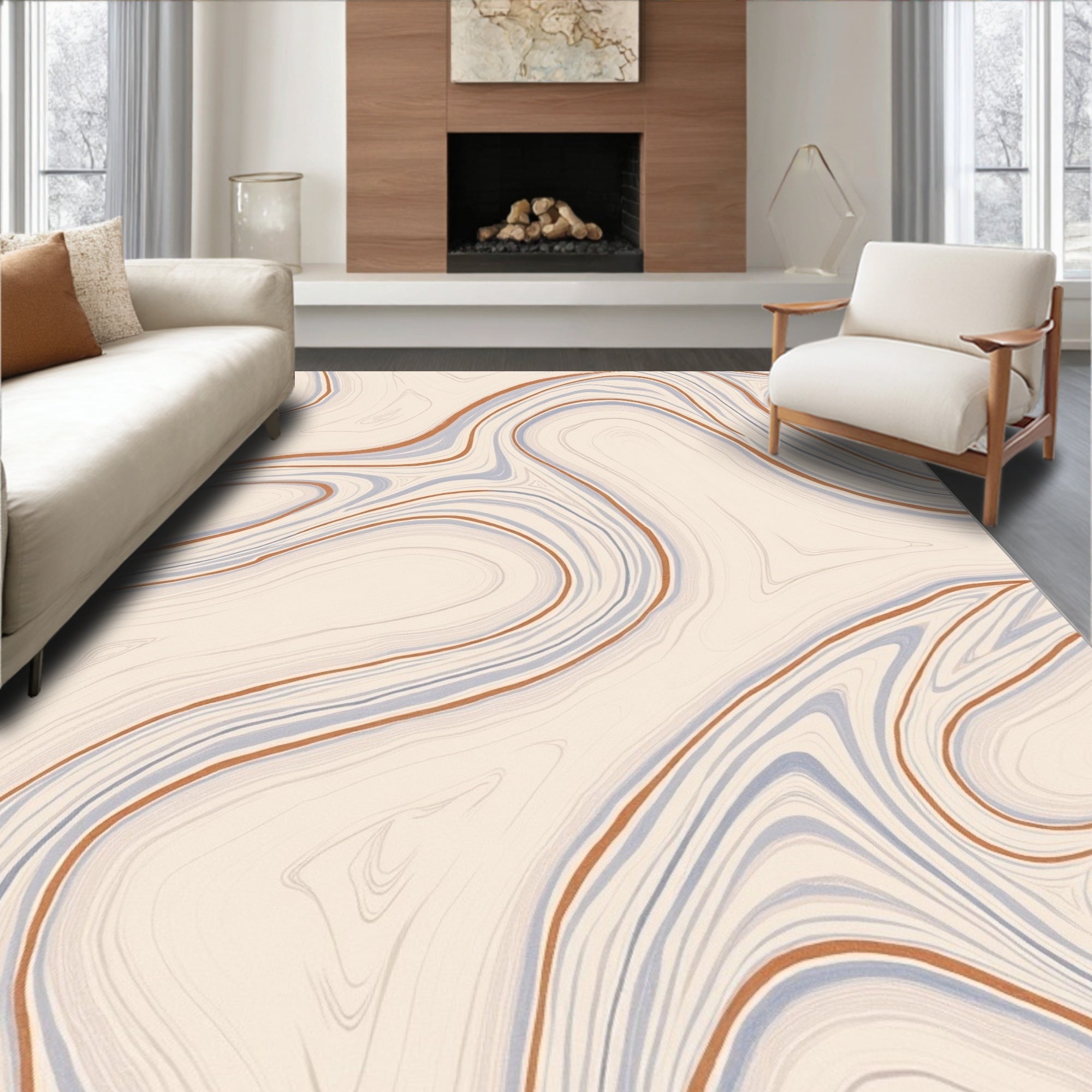 Abstract Swirls Ochre Blue Pattern Rug