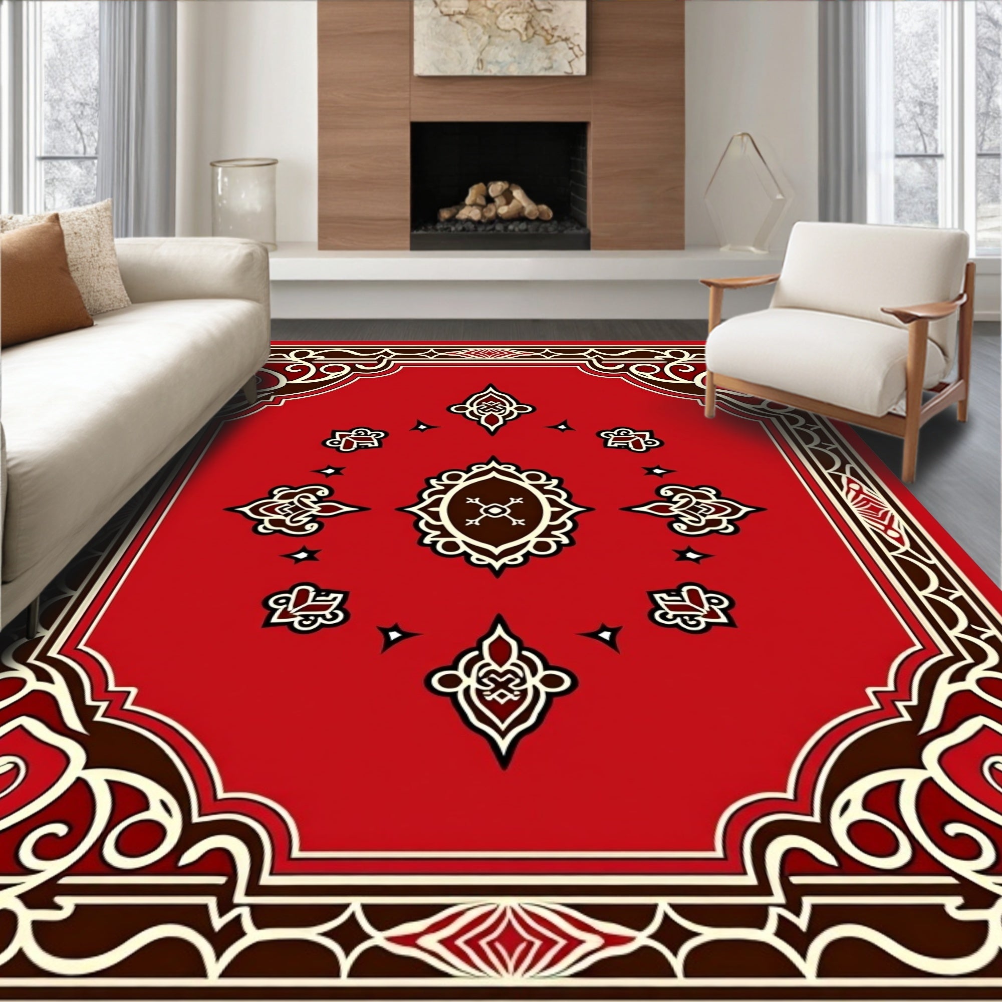 Lively Red Abstract Scrolling Floral Rug