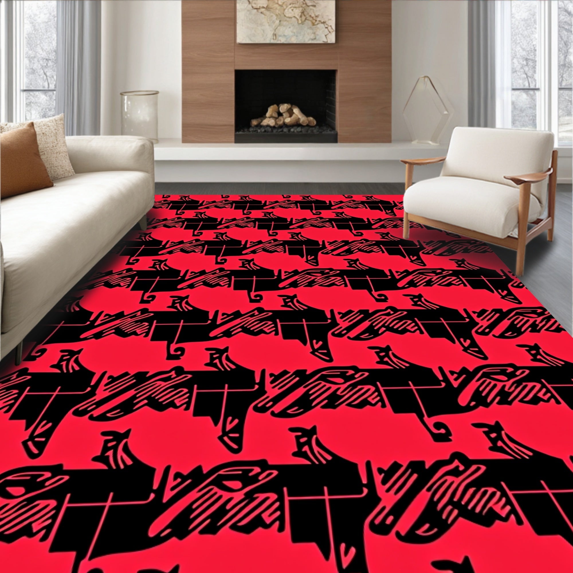 Bold Red Black Abstract Lines Design Rug