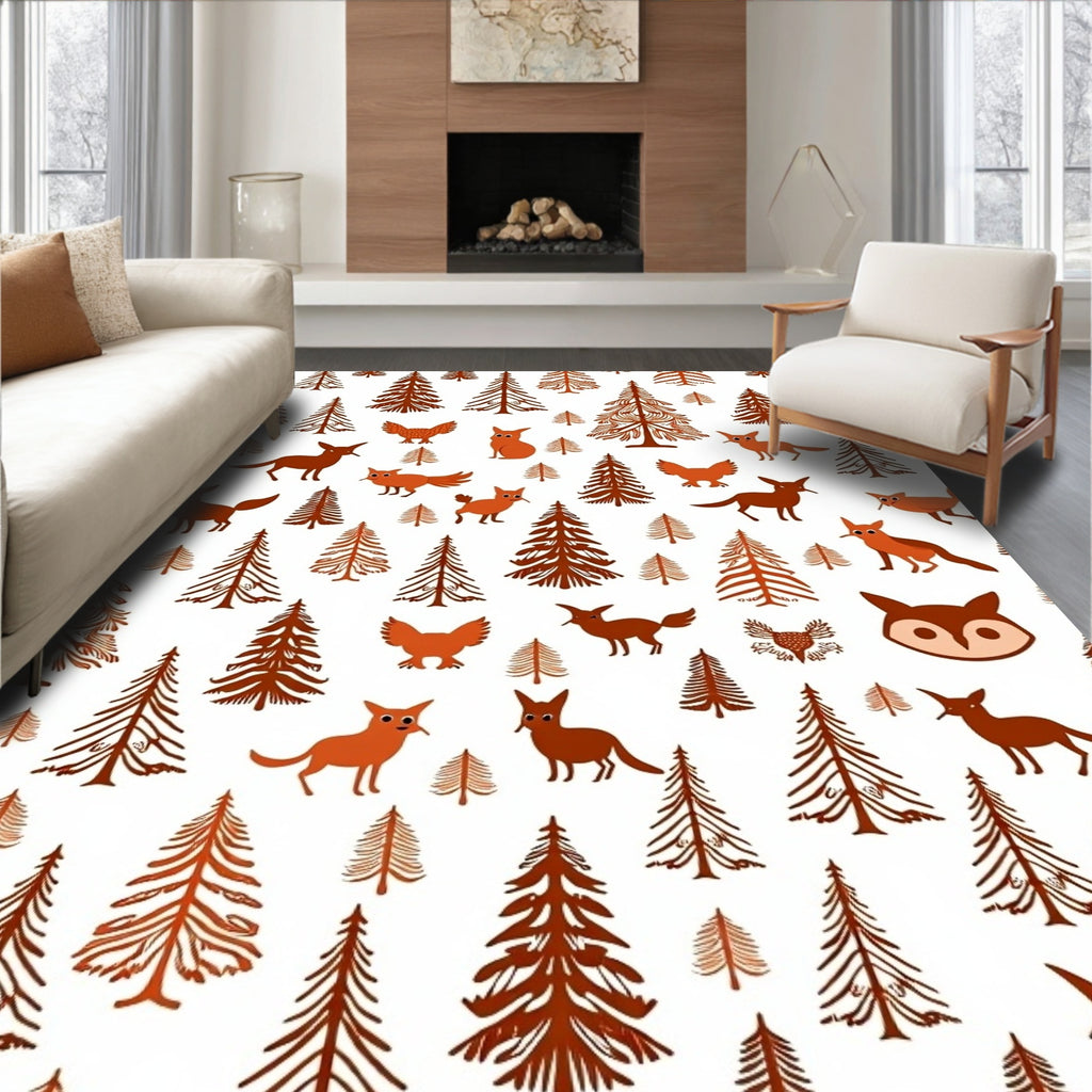 Fox And Owl Forest Pattern Rug