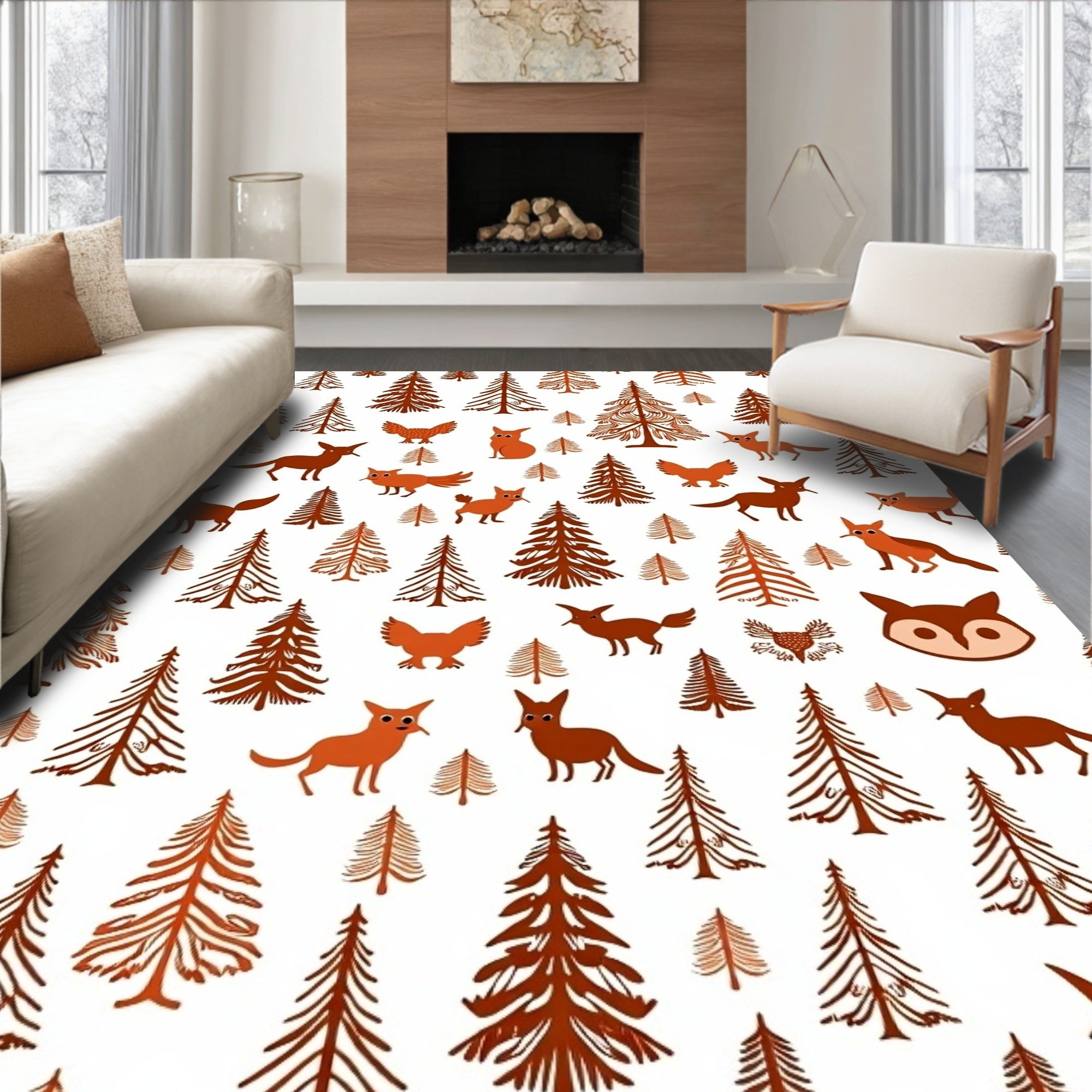 Fox And Owl Forest Pattern Rug