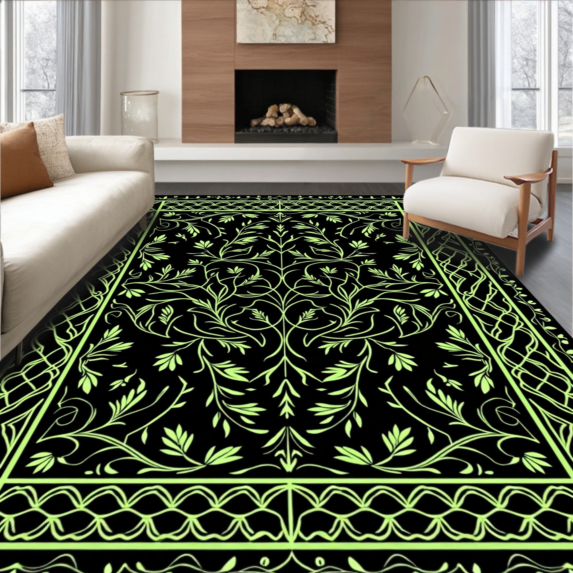 Green Floral Vine Scroll PatternRug Rug