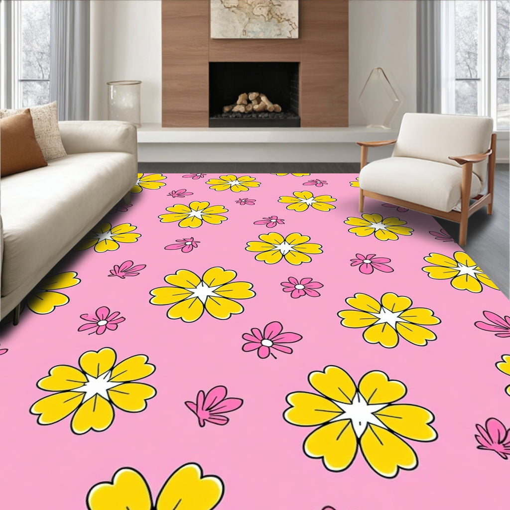Pink Yellow Daisy Patterned Rug