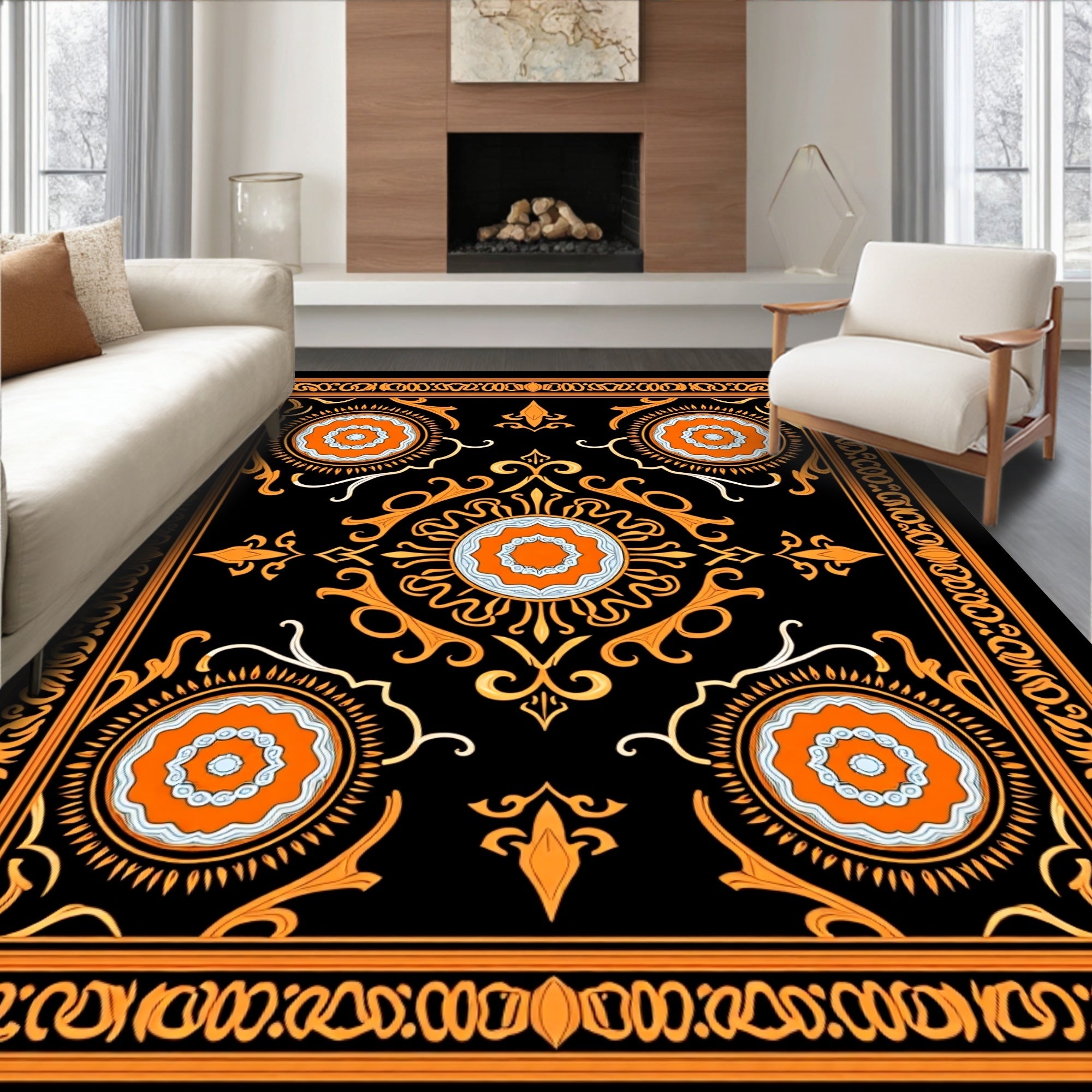 Golden Orange Black Floral Mandala Rug
