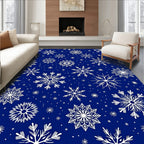 White Snowflake Patterned Deep Blue Rug