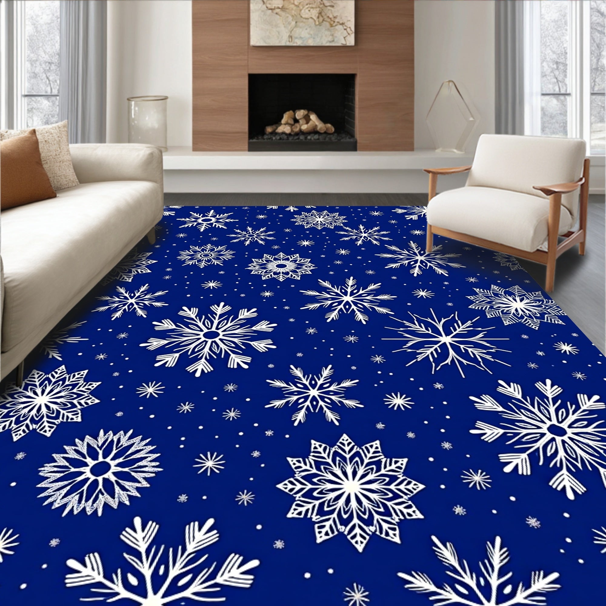 White Snowflake Patterned Deep Blue Rug