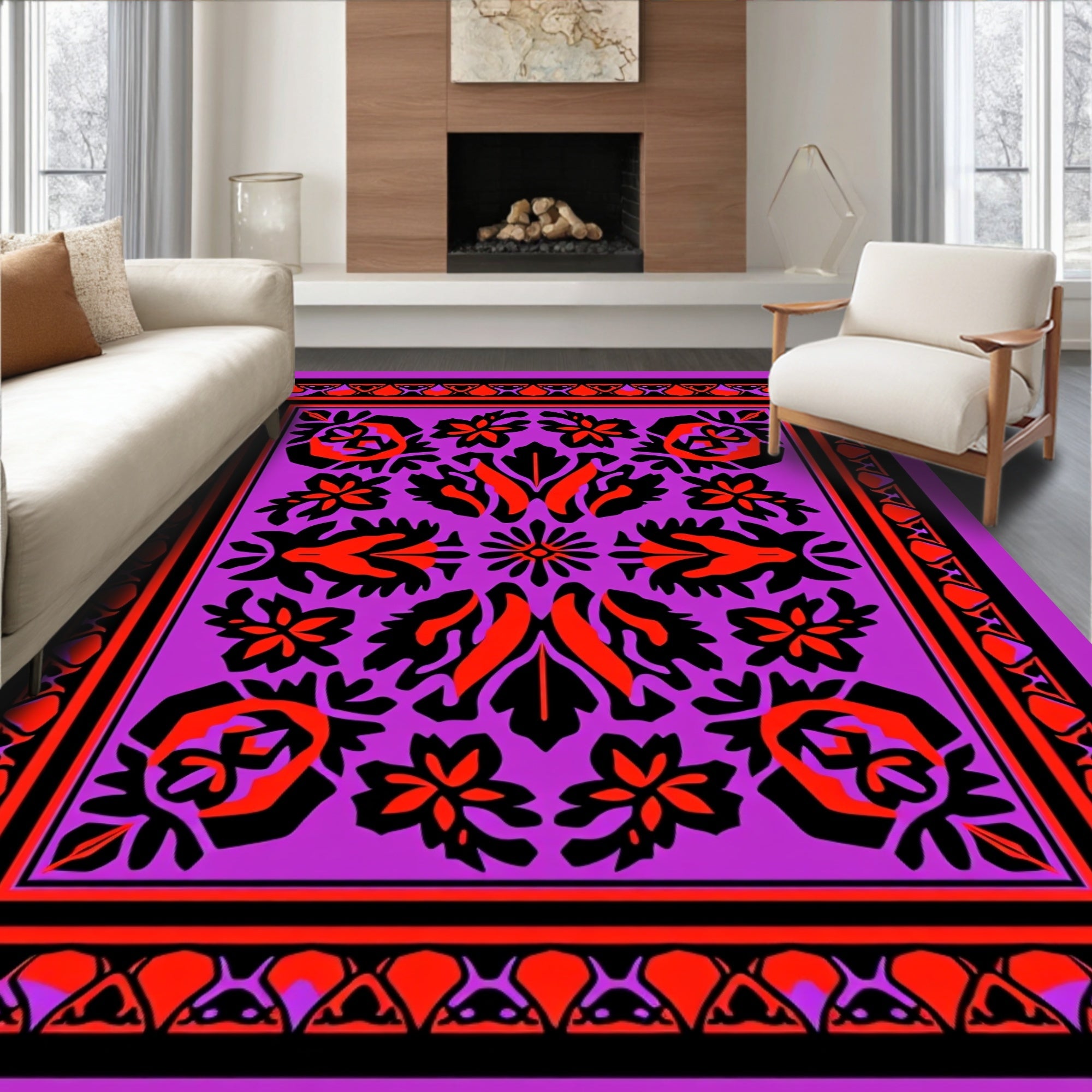 Vibrant Floral Bordered Medallion Pattern Rug