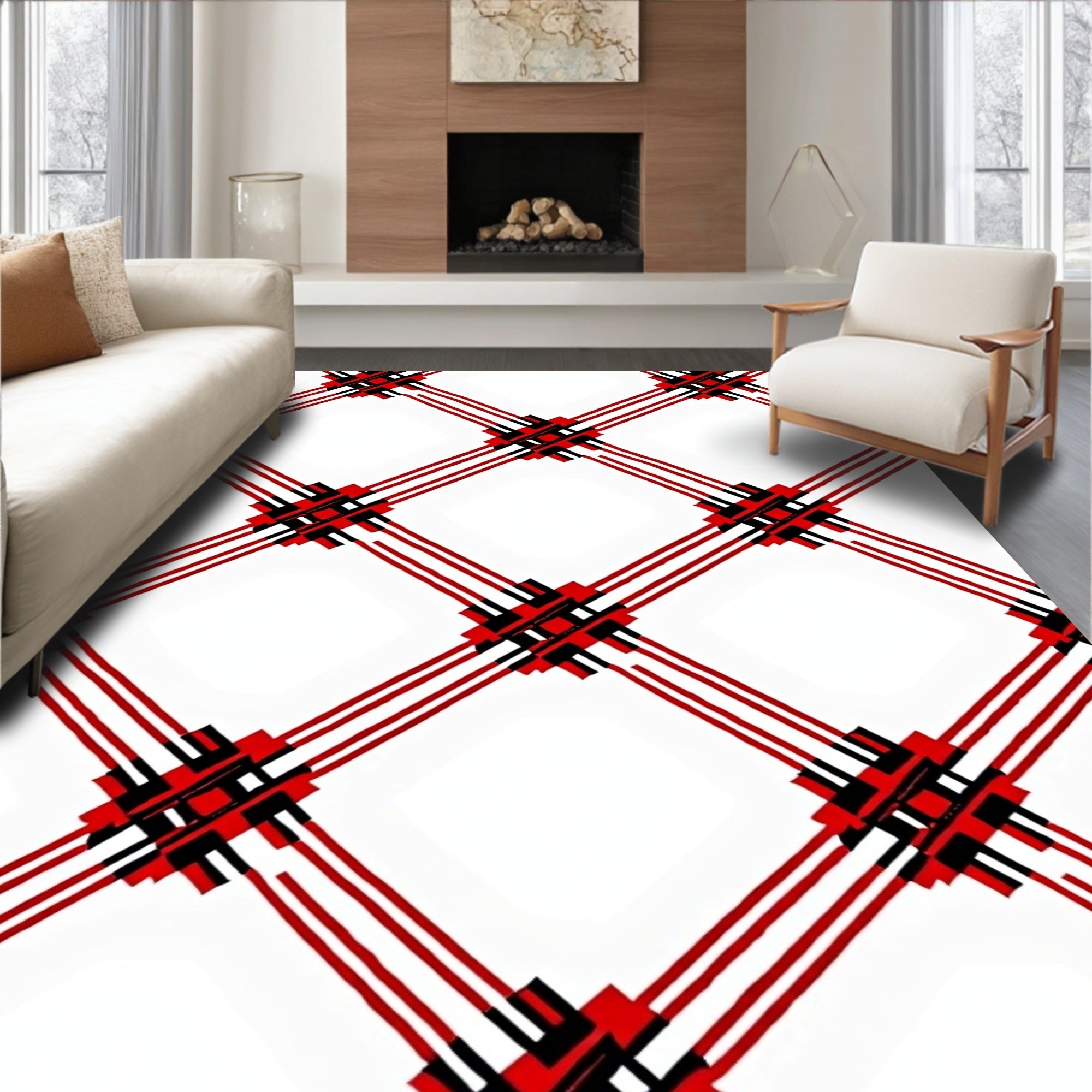 Bold Red Black Diamond Pattern Rug