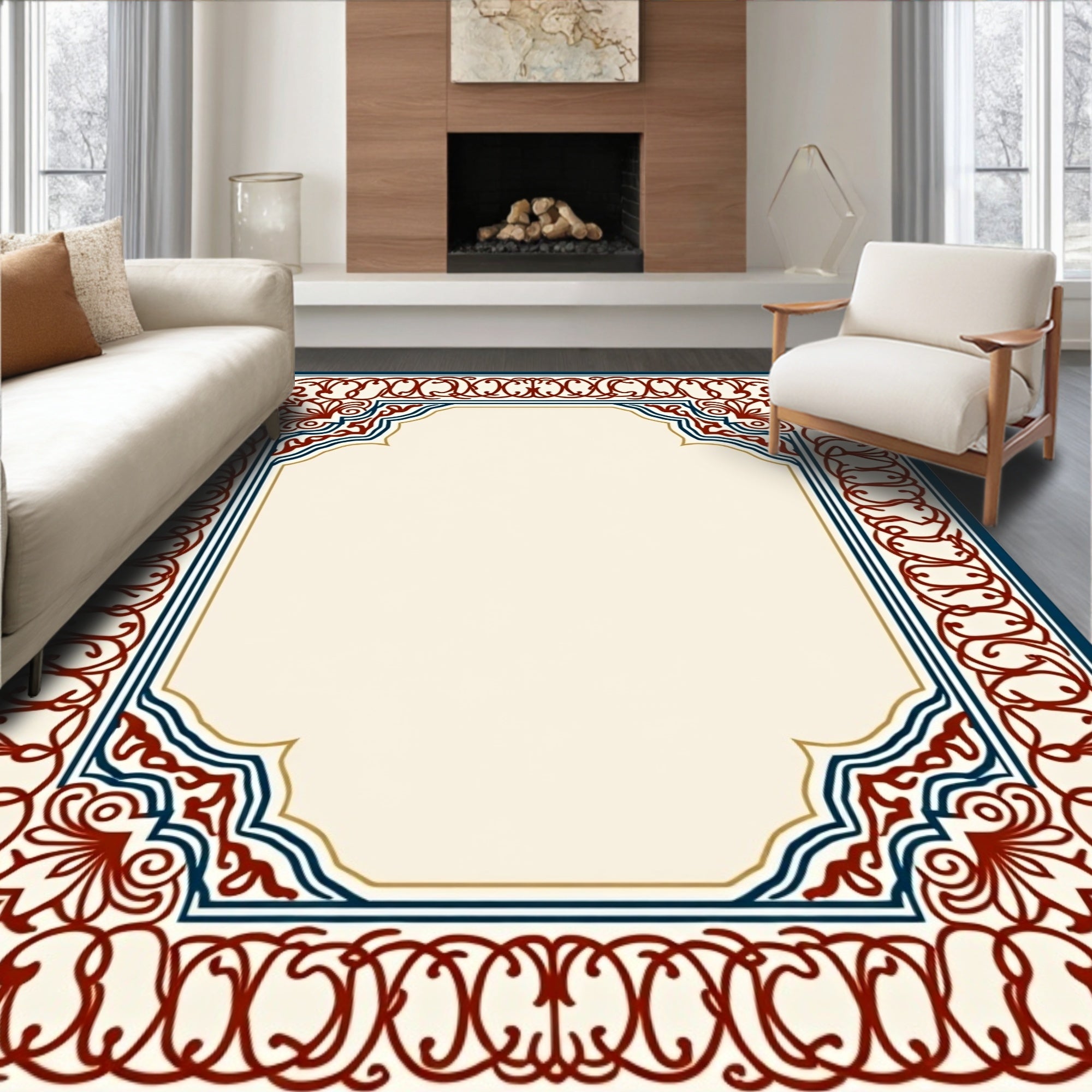 Ornate Red Blue Border Design Rug