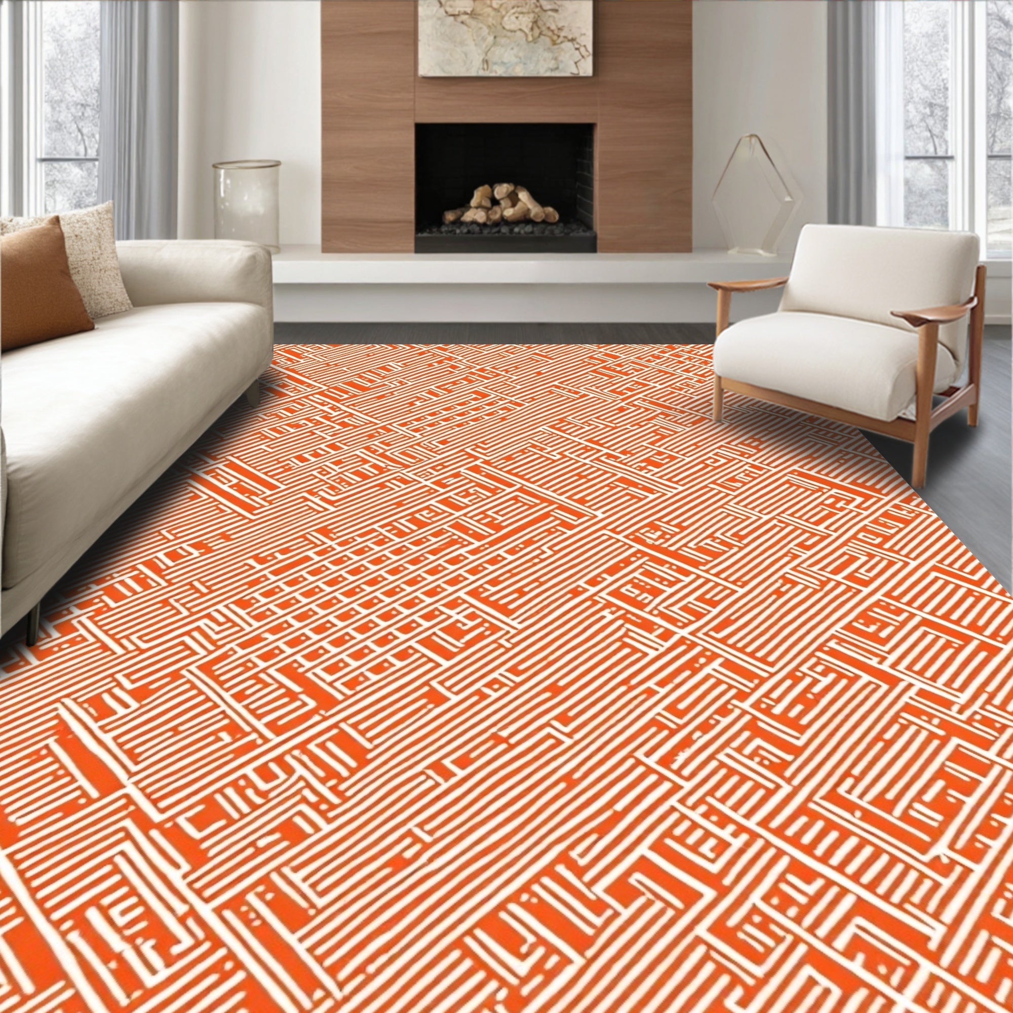 Orange White Labyrinth Pattern Rug