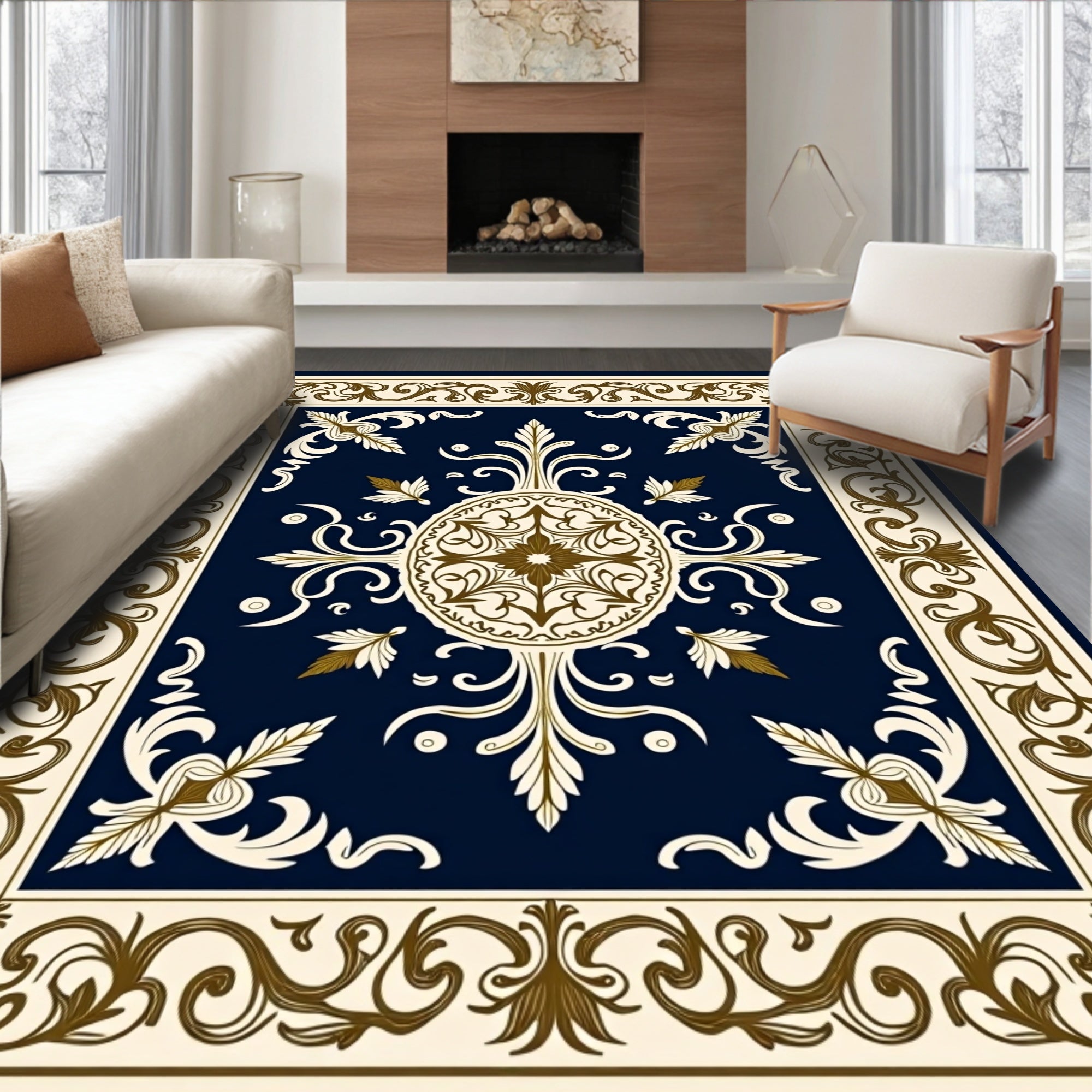 Ornate Floral Scrollwork Navy Rug