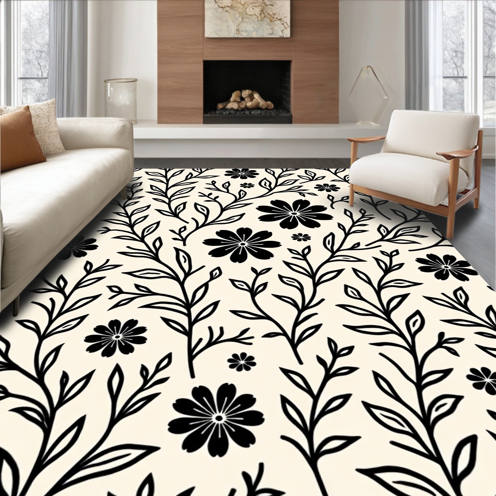 Black Floral Branch Pattern Rug