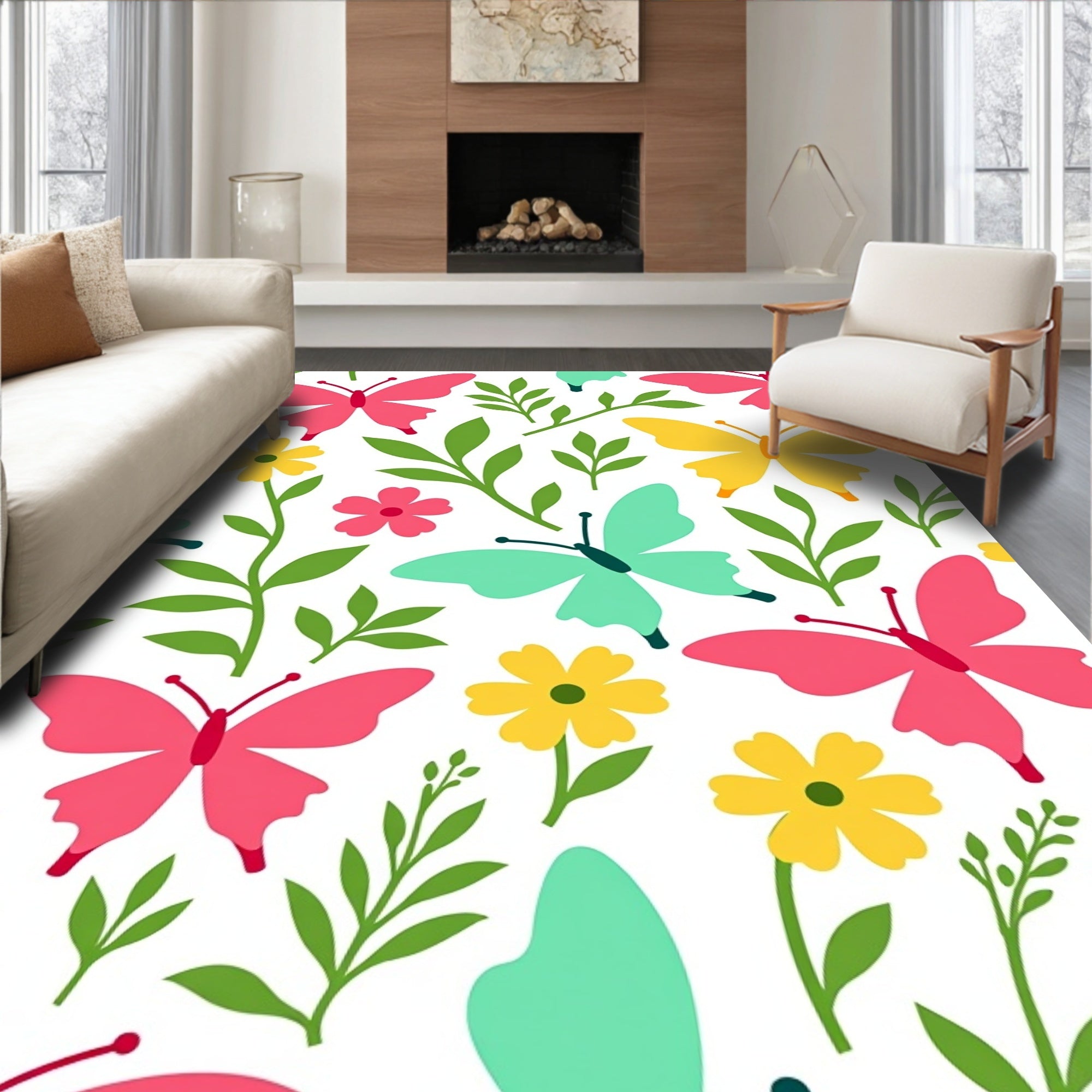 Bright Floral Butterfly Pattern Rug