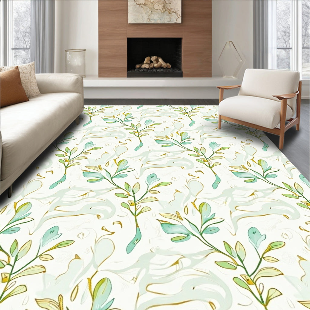 Soft Green Leafy Branch Pattern Rug