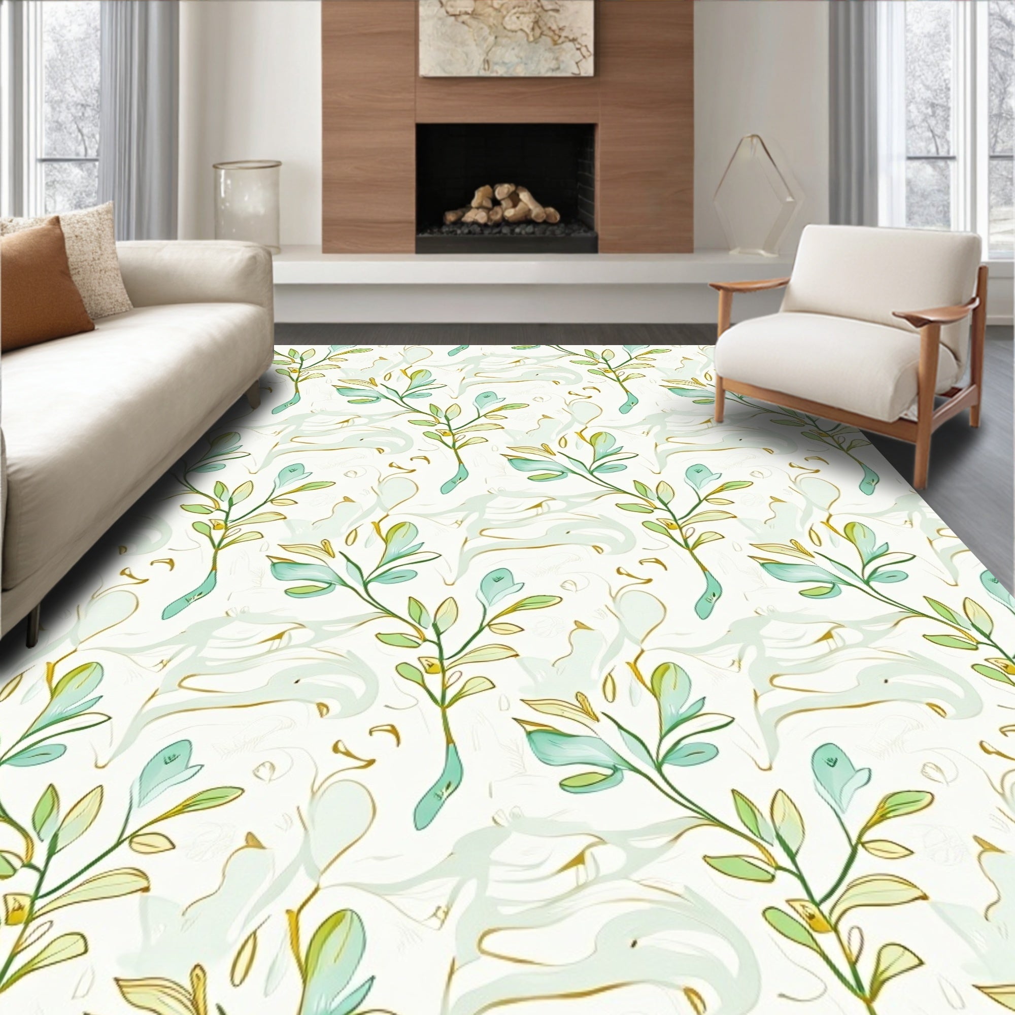 Soft Green Leafy Branch Pattern Rug