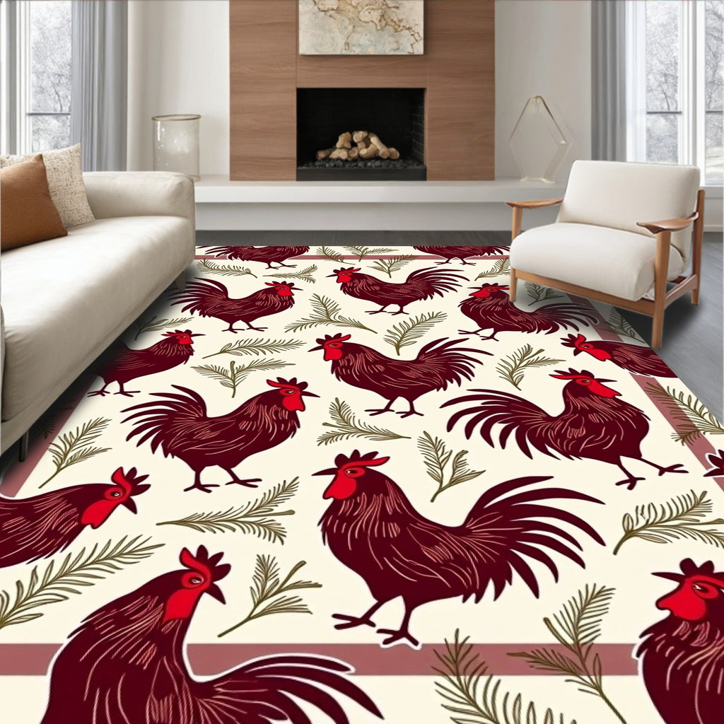 Charming Rooster Pine Sprig Pattern Rug