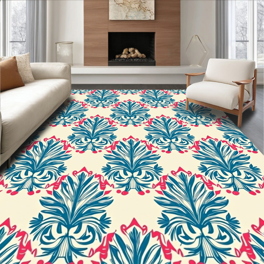 Teal Coral Floral Damask Pattern Rug