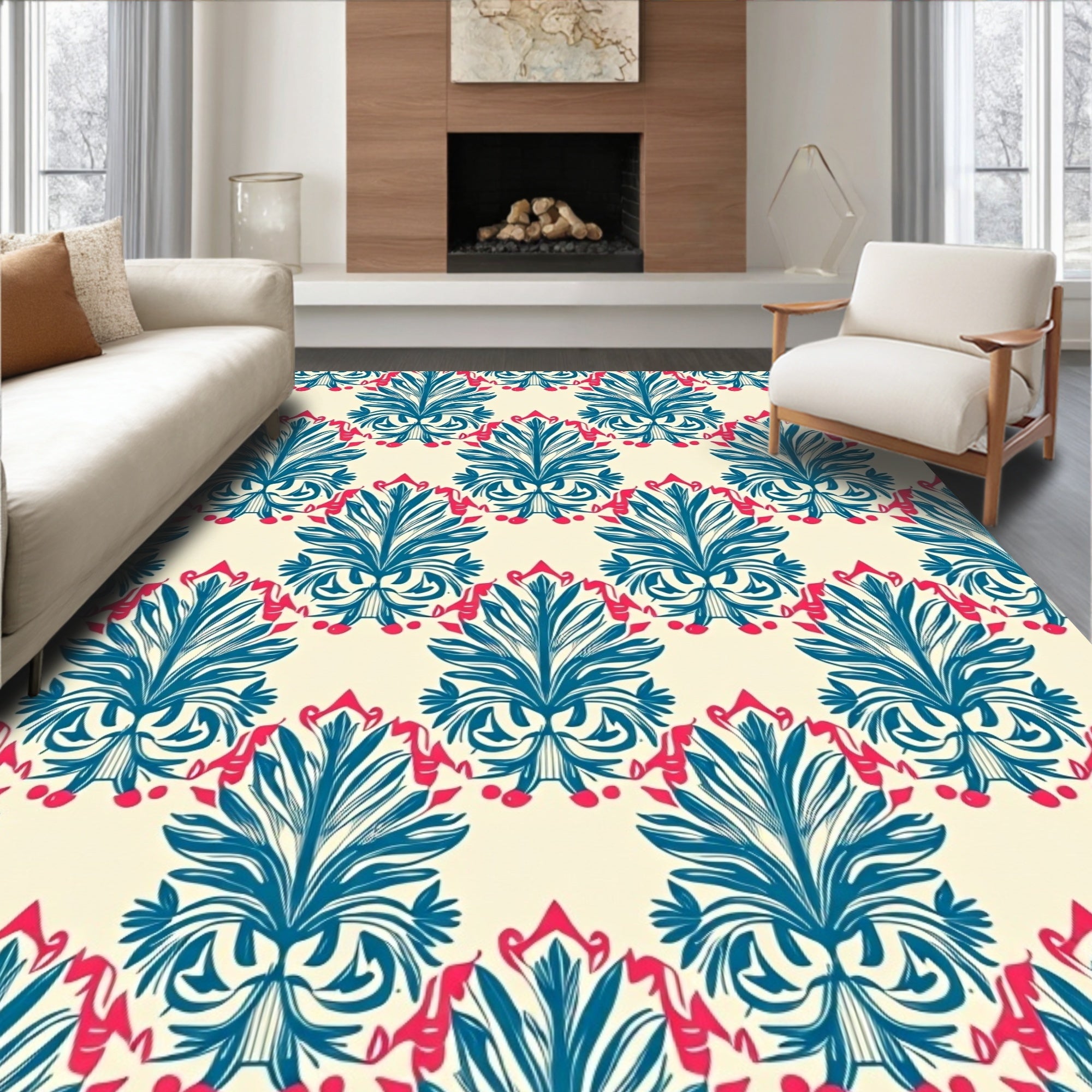 Teal Coral Floral Damask Pattern Rug