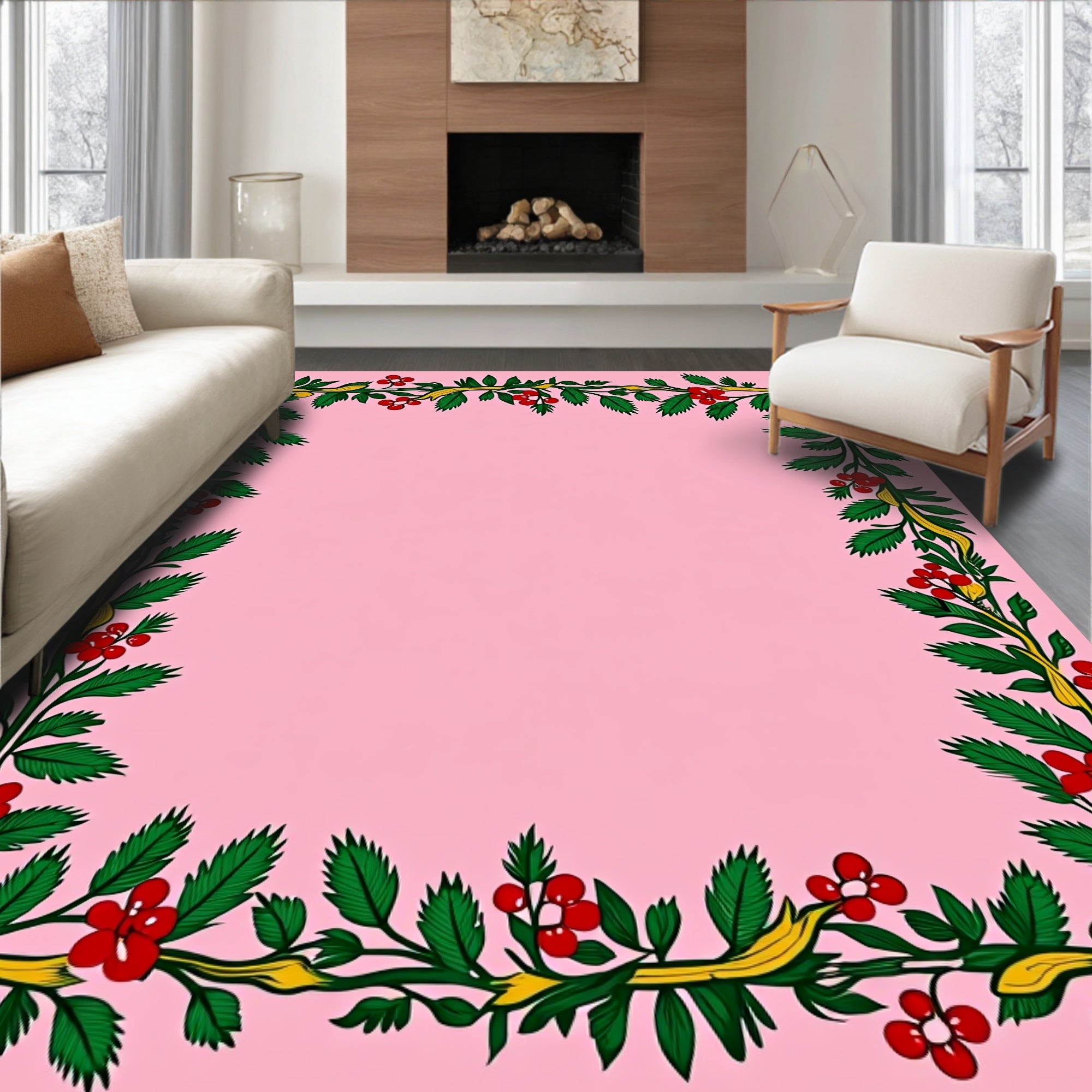 Crimson Berry Vine Border Rug