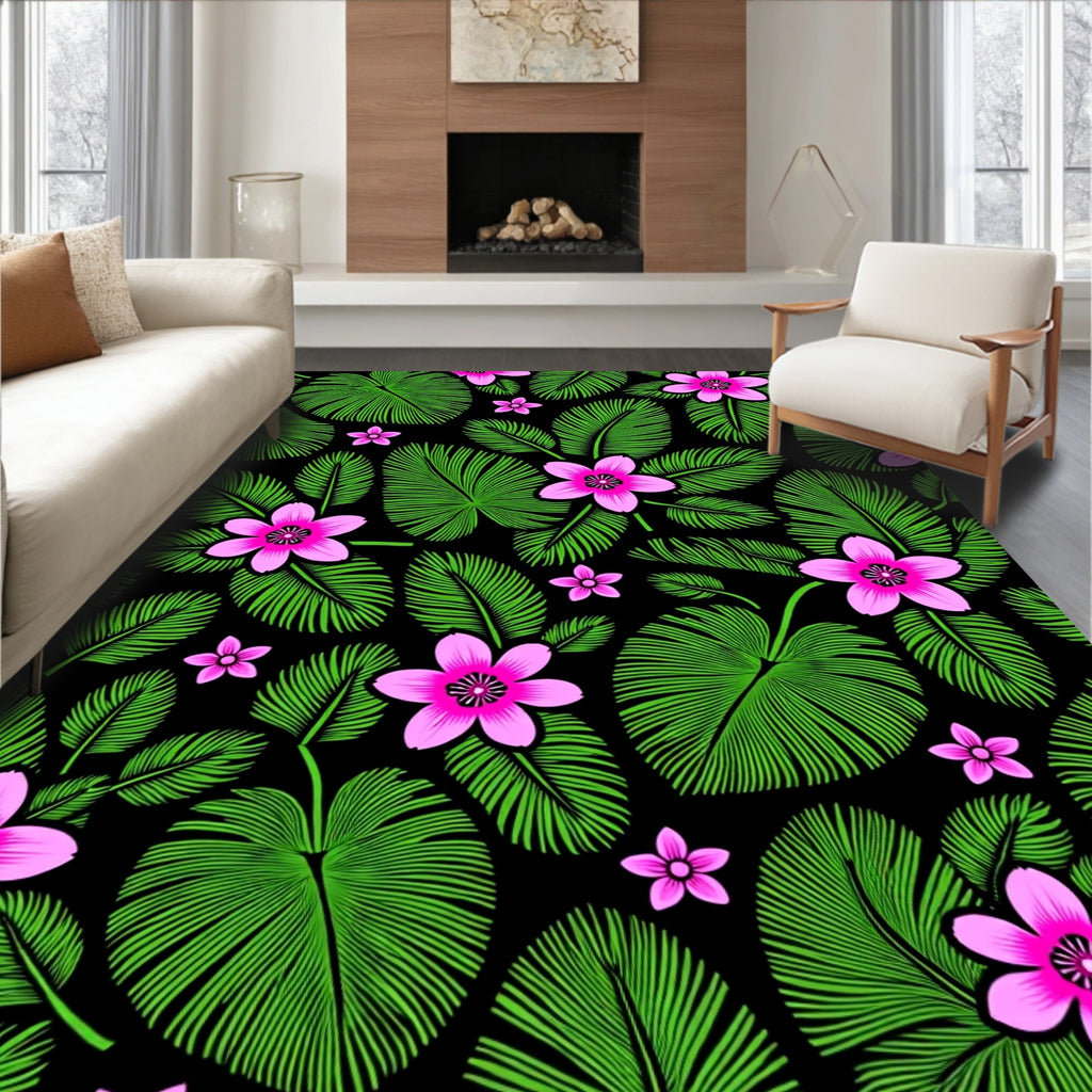 Vibrant Pink Floral Green Leaf Pattern Rug
