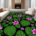 Vibrant Pink Floral Green Leaf Pattern Rug