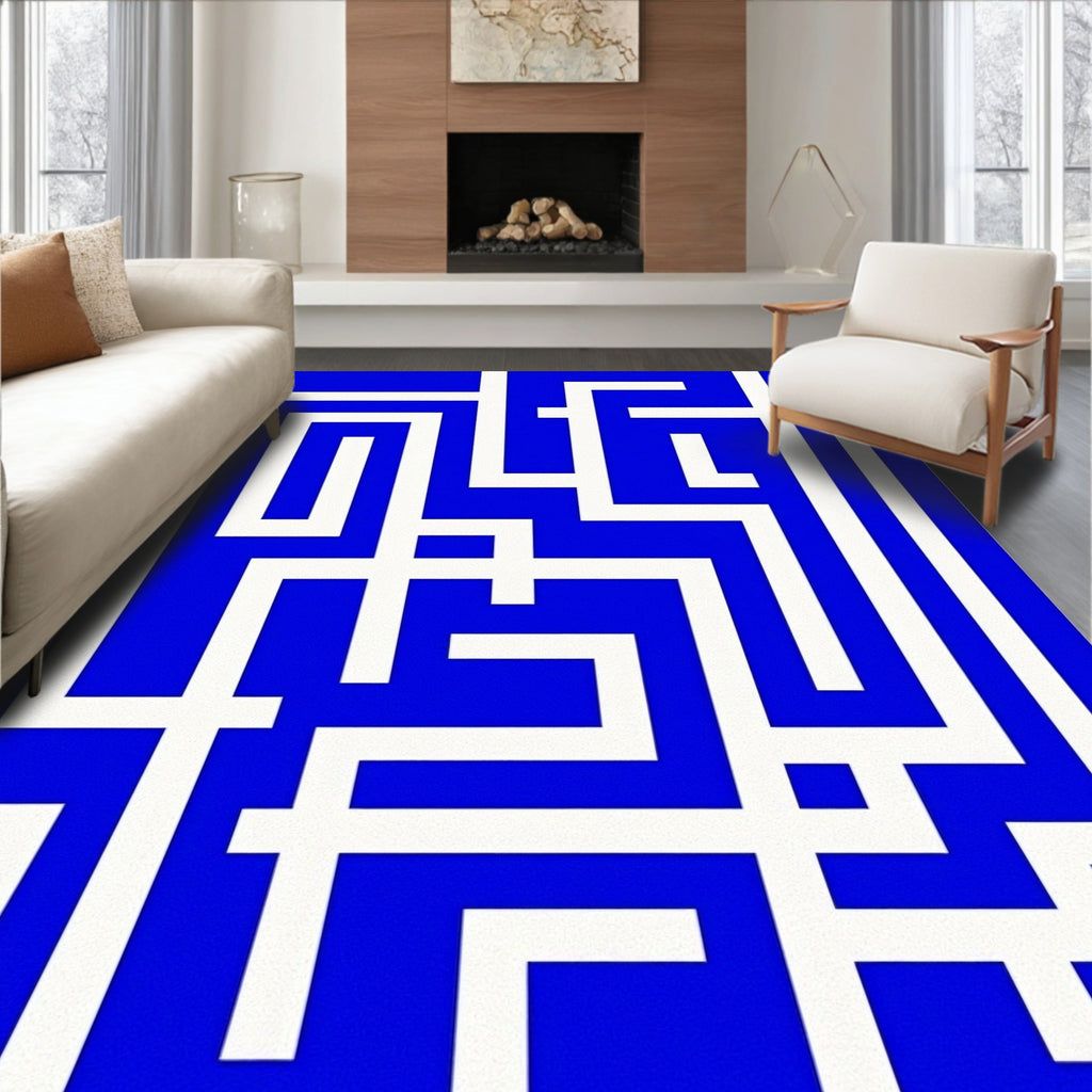 Bold Blue White Maze Pattern Rug