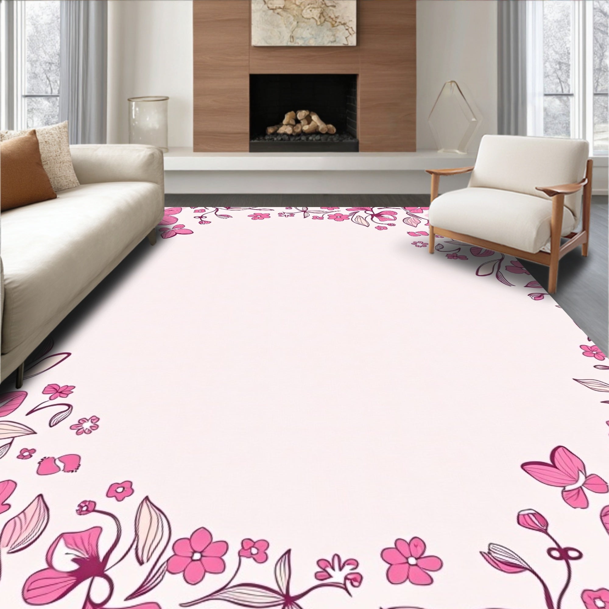 Pink Floral Butterfly Border Design Rug