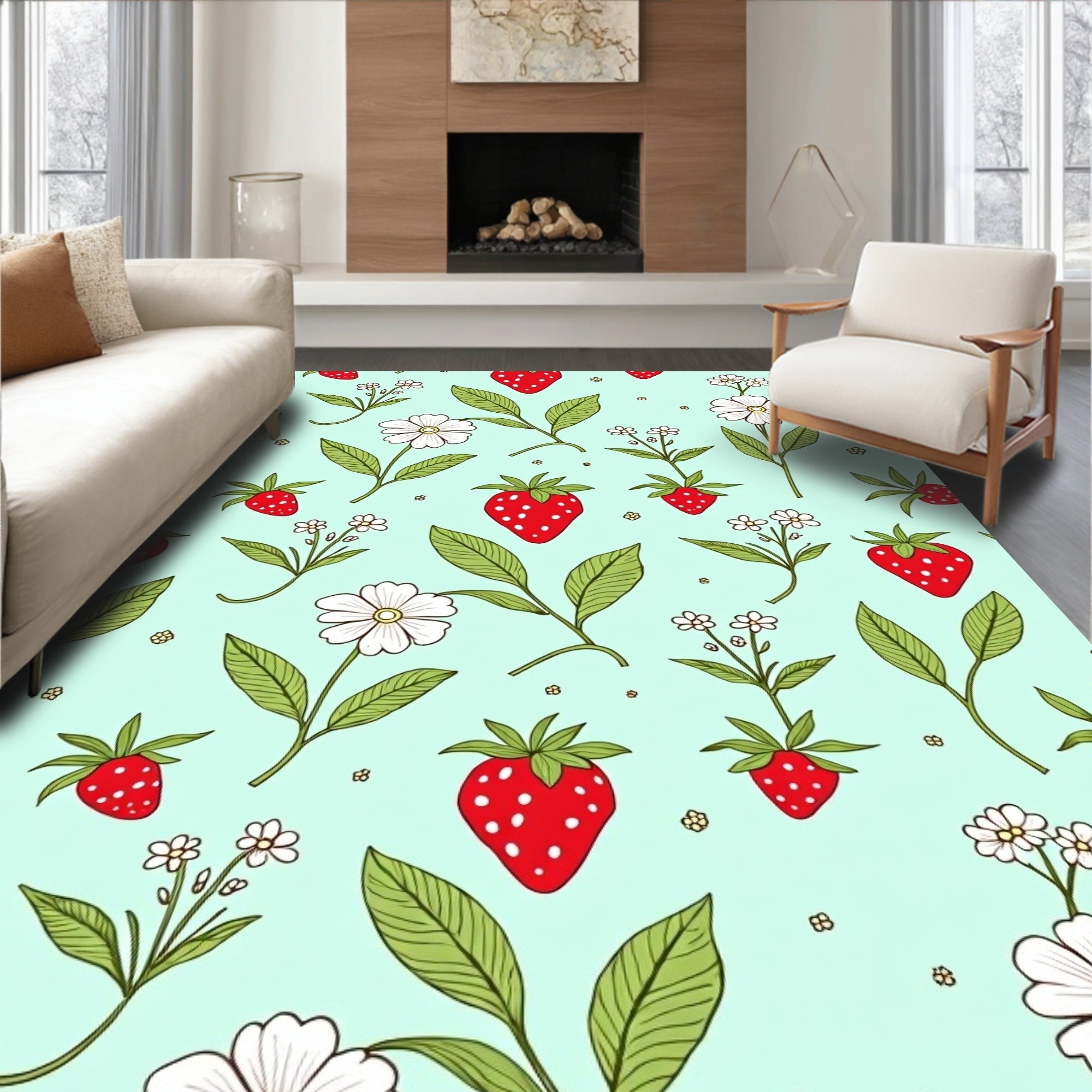 Whimsical Strawberry Flower Pattern Rug