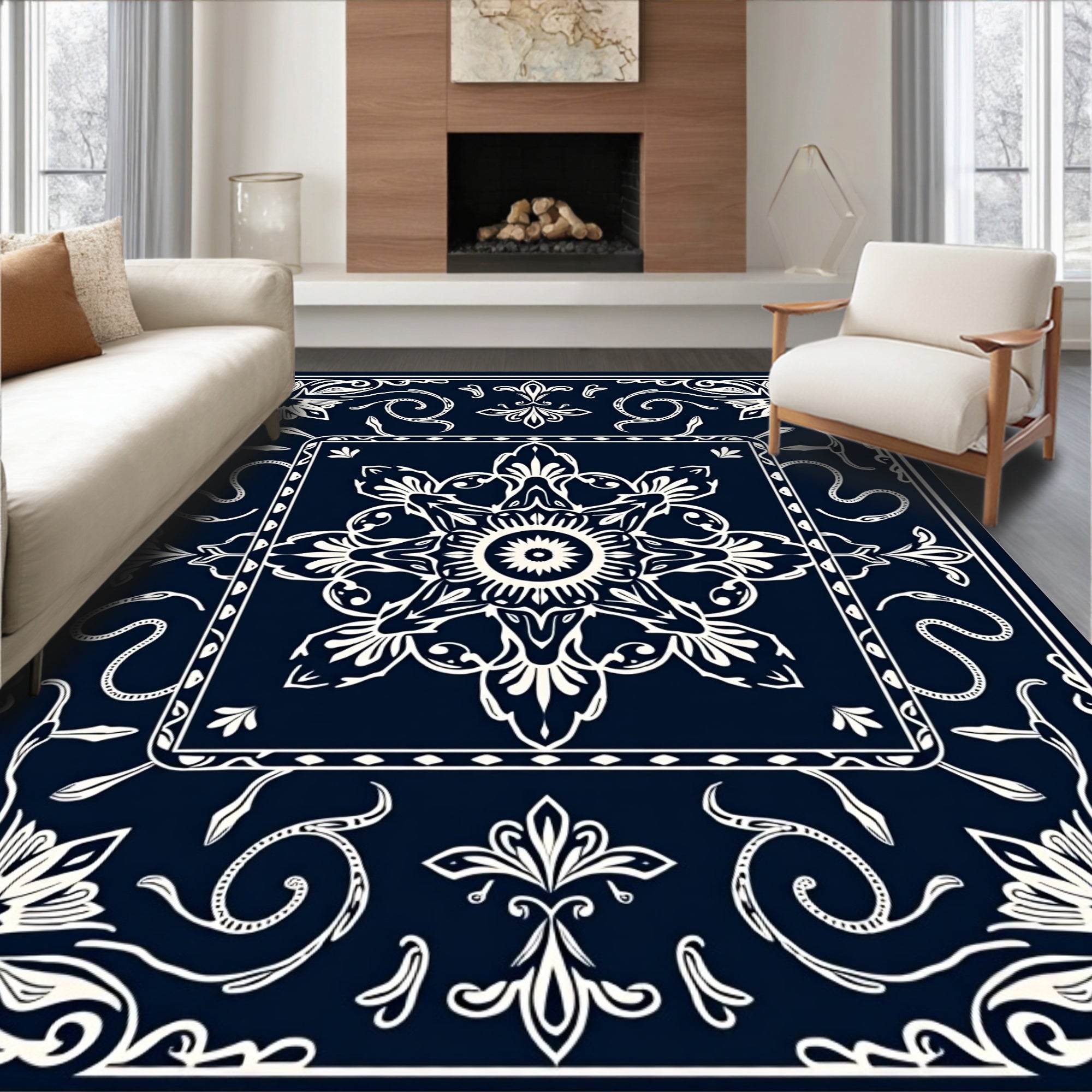 Dark Blue White Floral Mandala Textile Rug