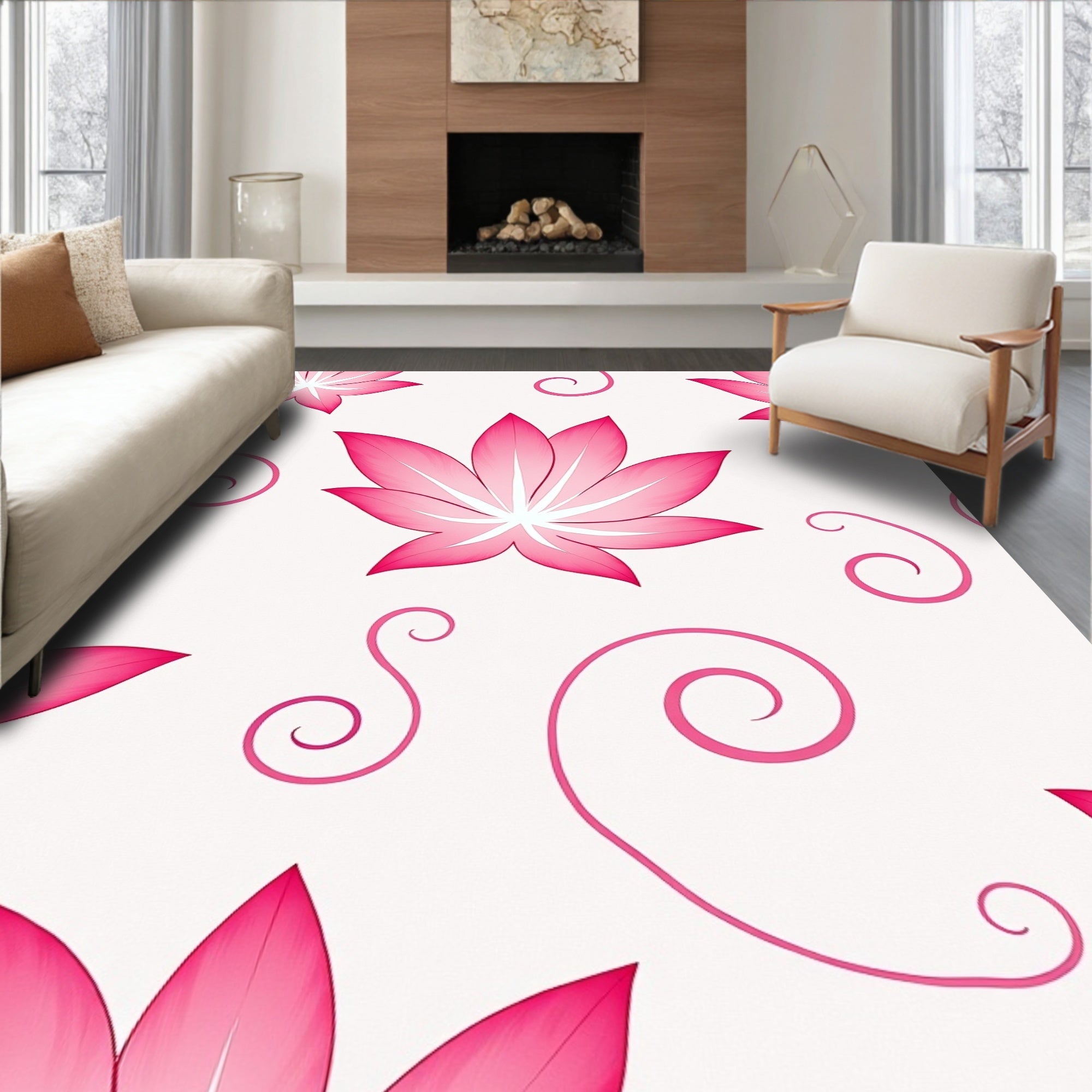 Vibrant Pink Lotus Swirl Pattern Rug