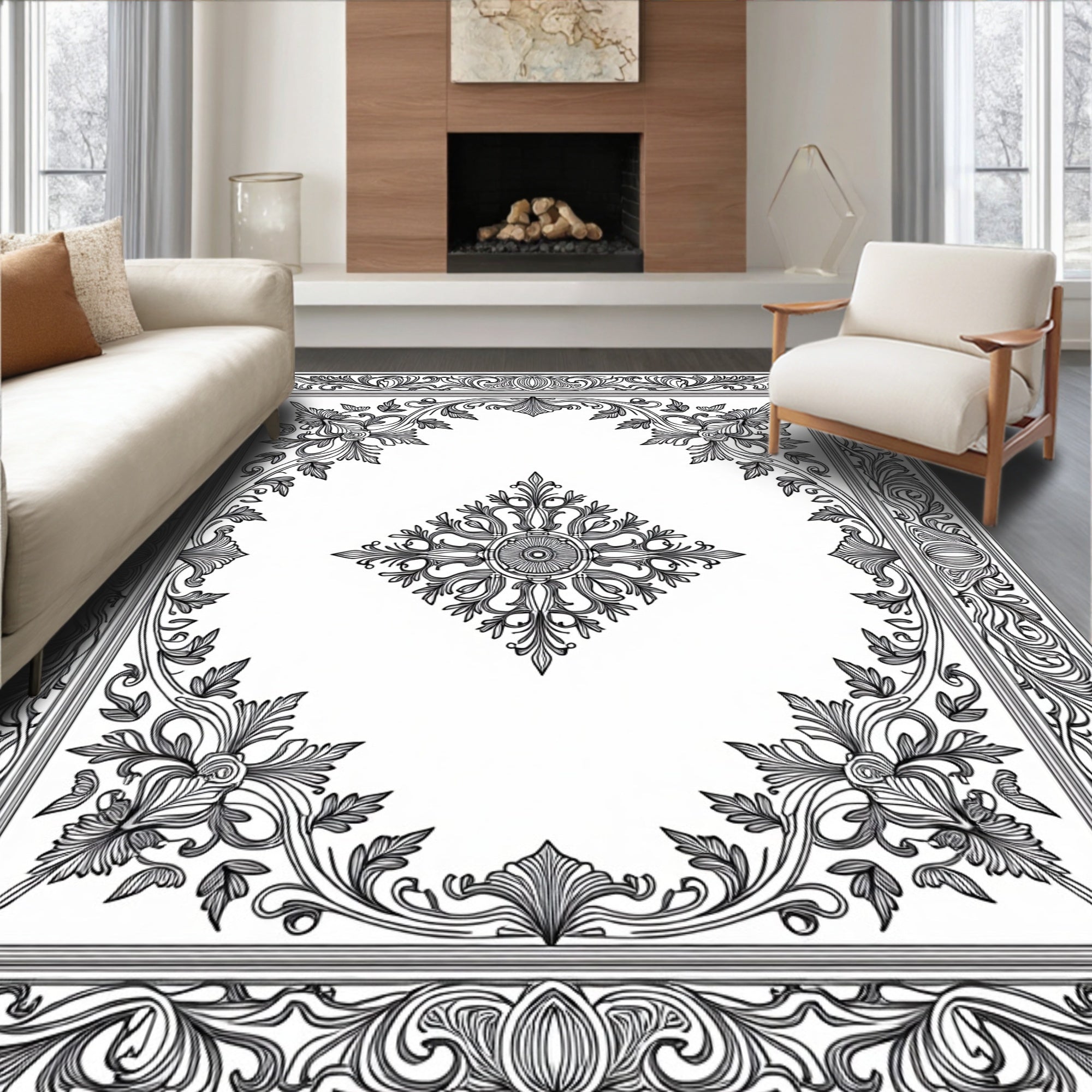 Intricate Floral Scroll Border Design Rug