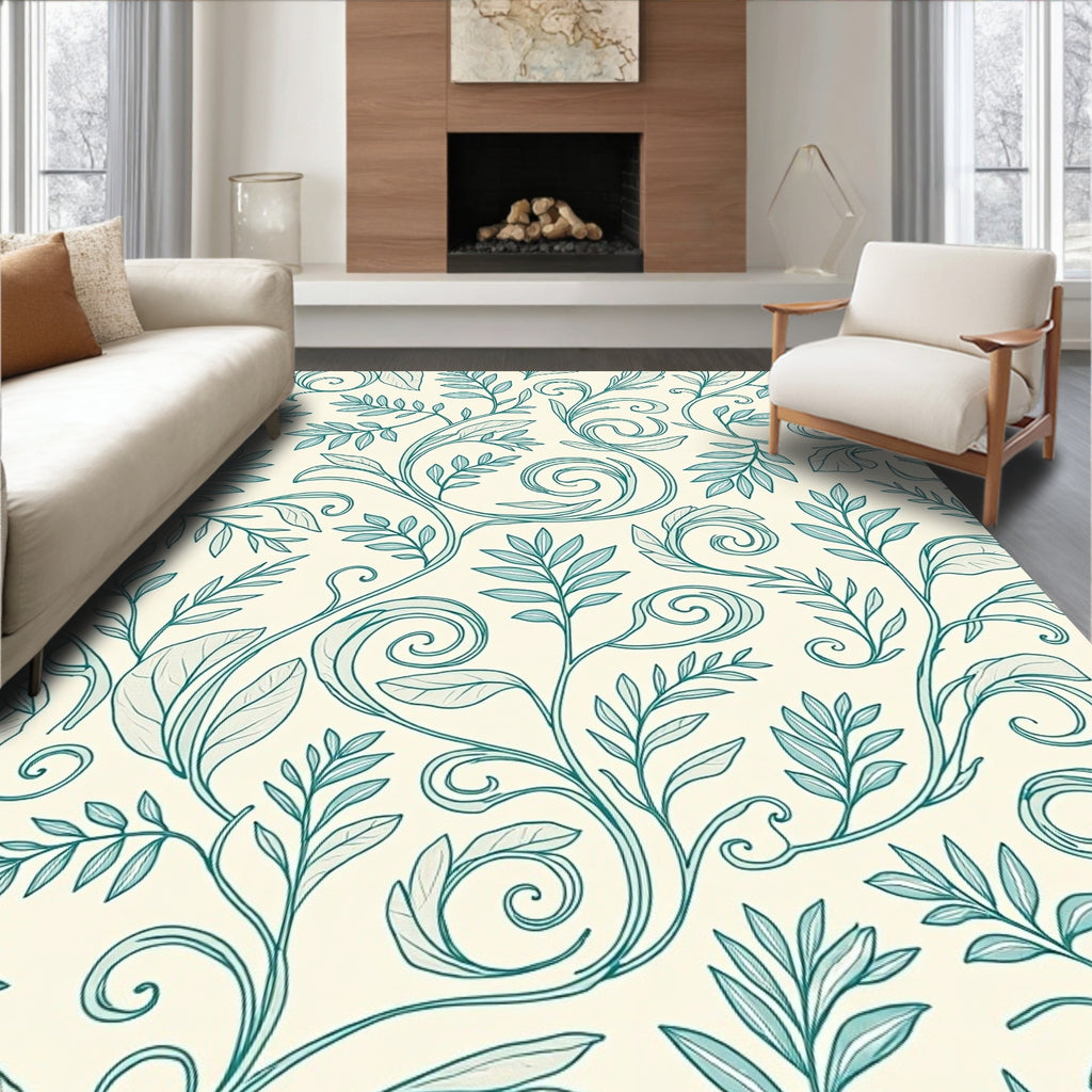 Vintage Teal Leaf Swirl Pattern Rug