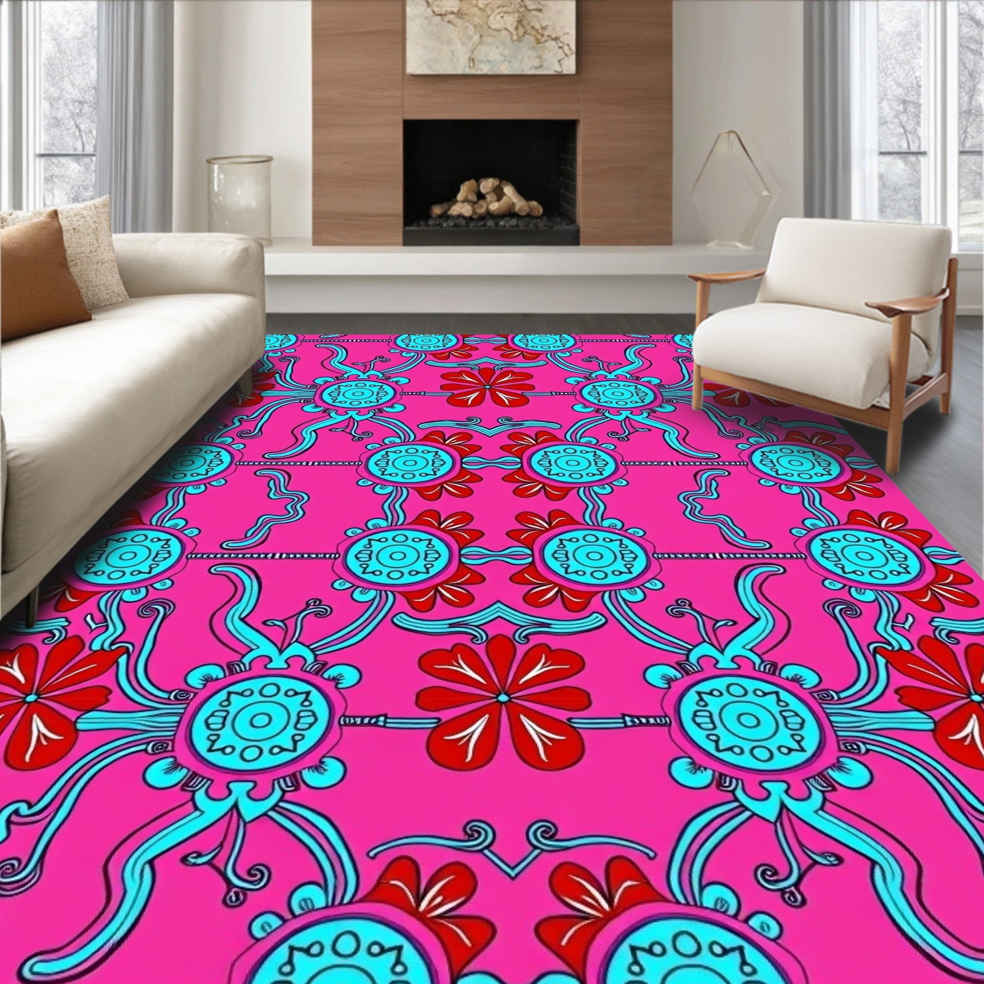 Whimsical Floral Psychedelic Pink Pattern Rug