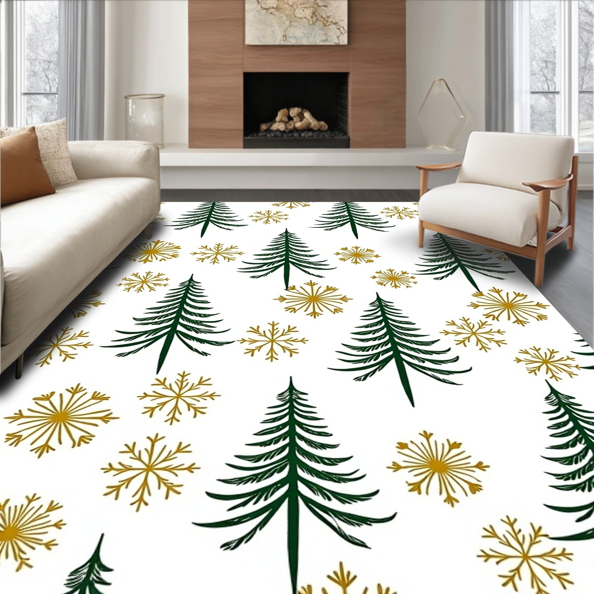 Green Pine Tree Gold Snowflake Motif Rug