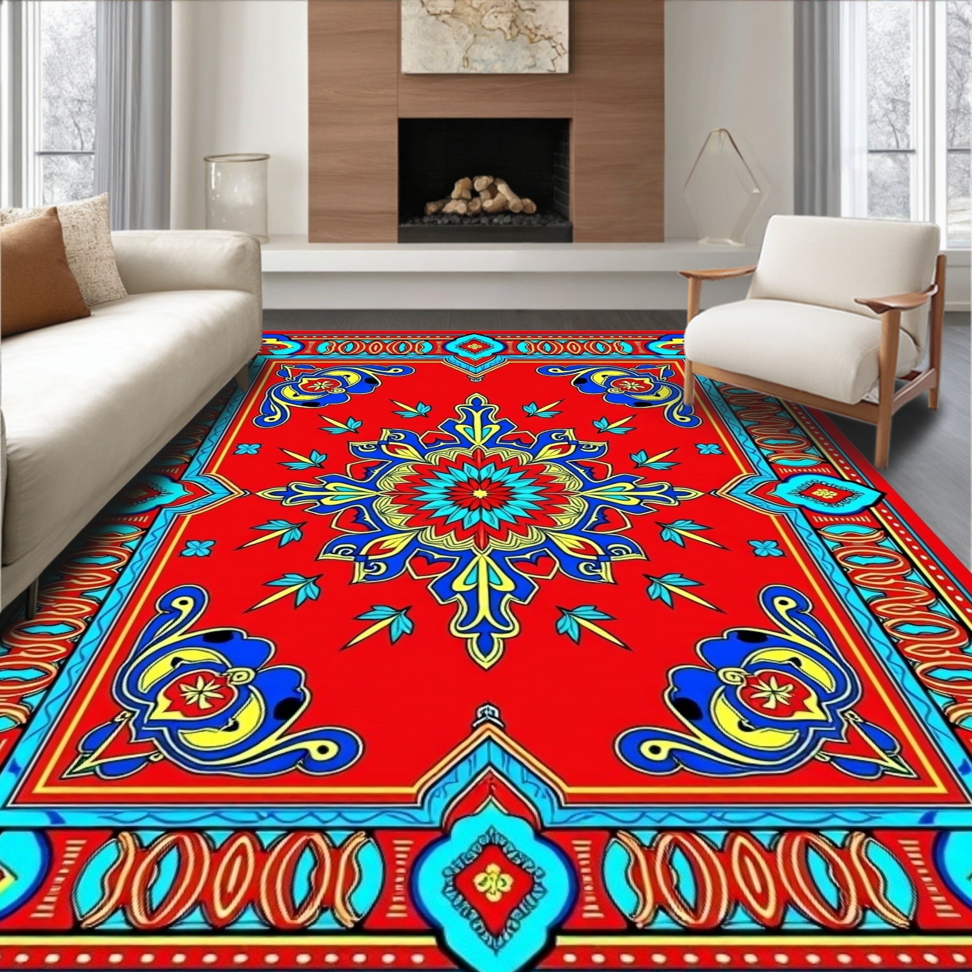 Bright Red Blue Yellow Floral Motif Rug