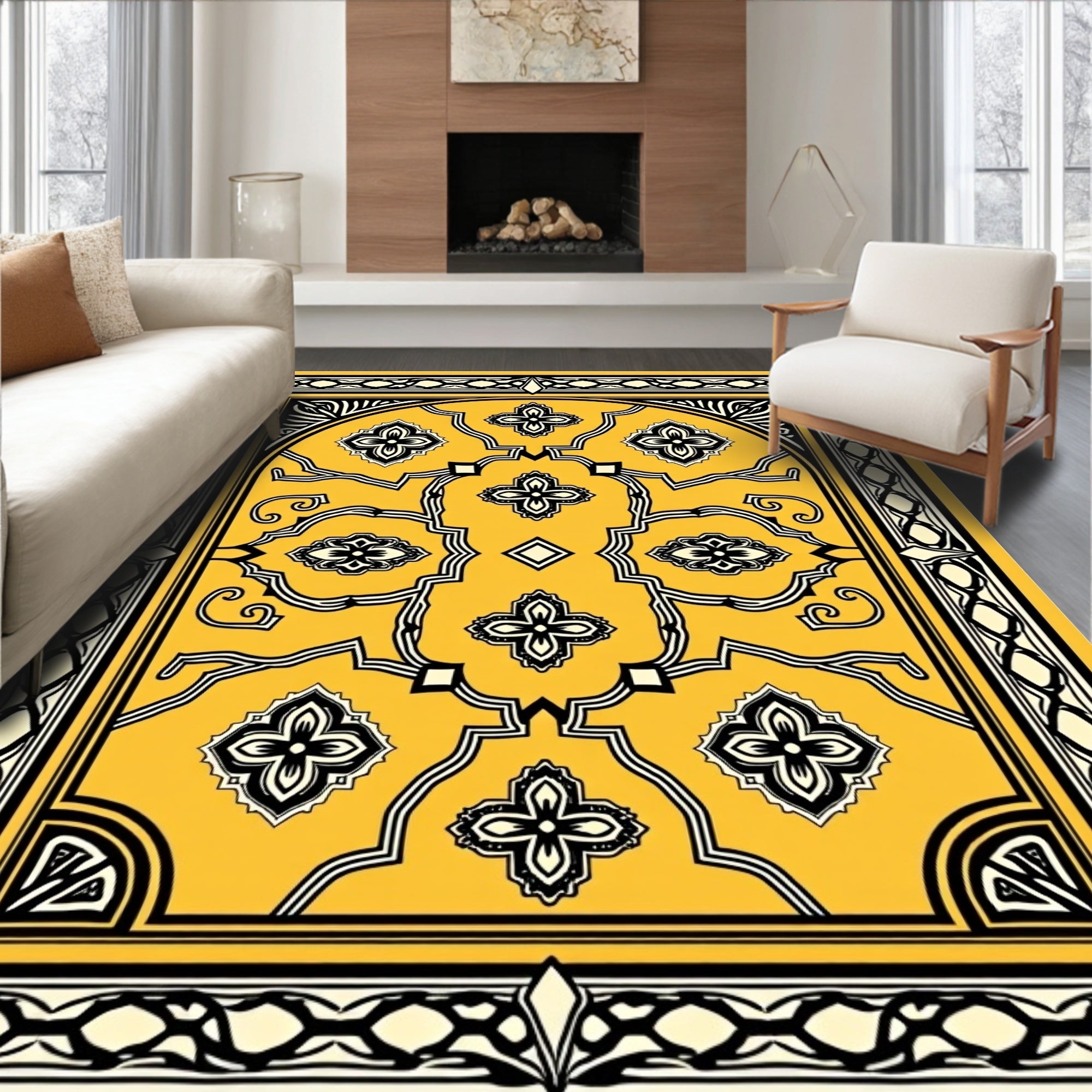 Golden Yellow Ornate Floral Scroll Rug