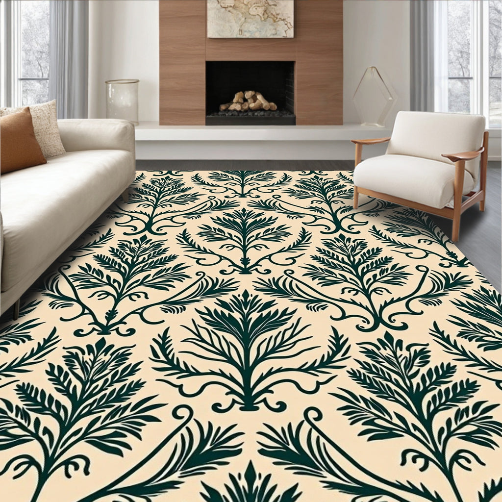 Dark Green Botanical Damask Pattern Rug