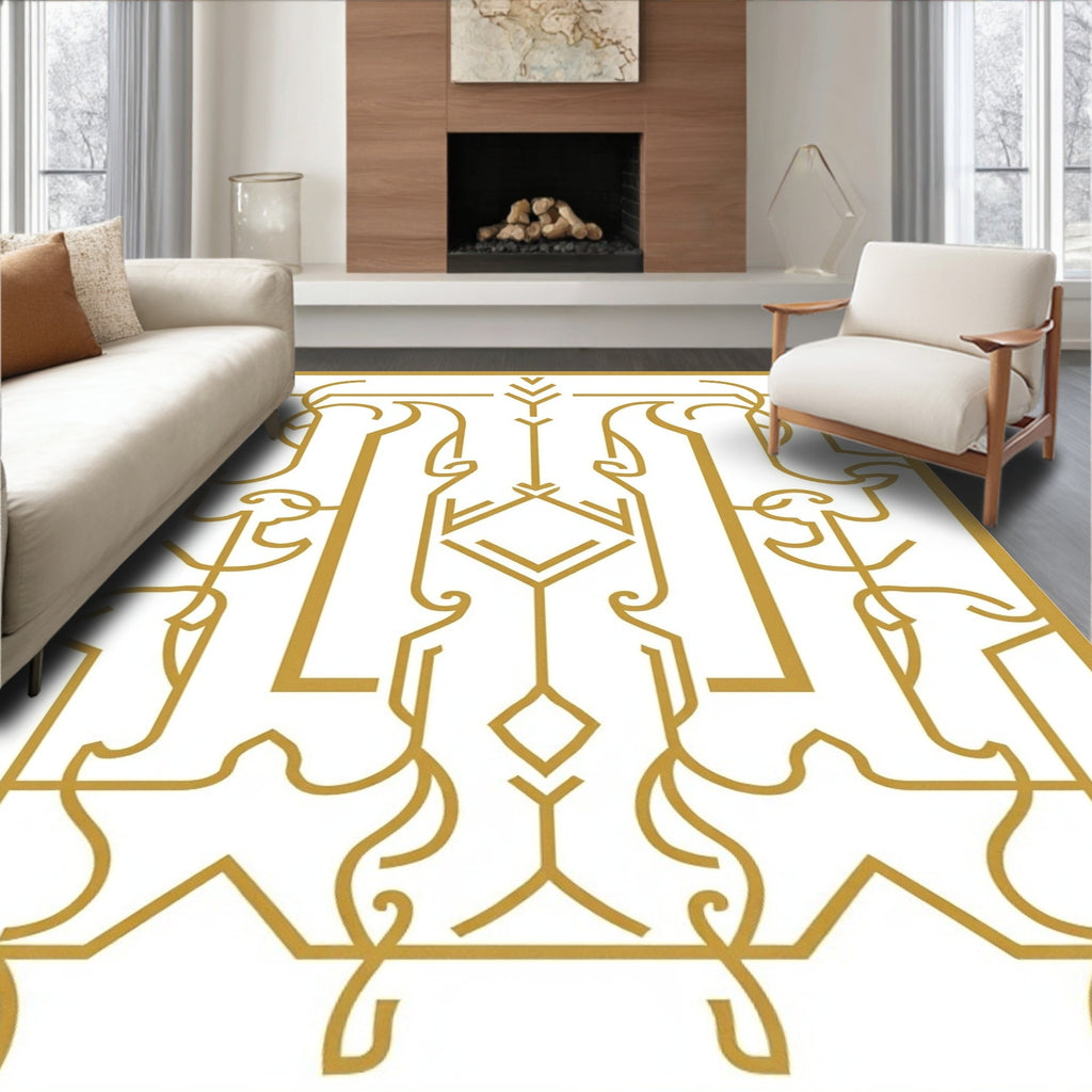 Golden Art Deco Inspired Geometric Line Art Rug