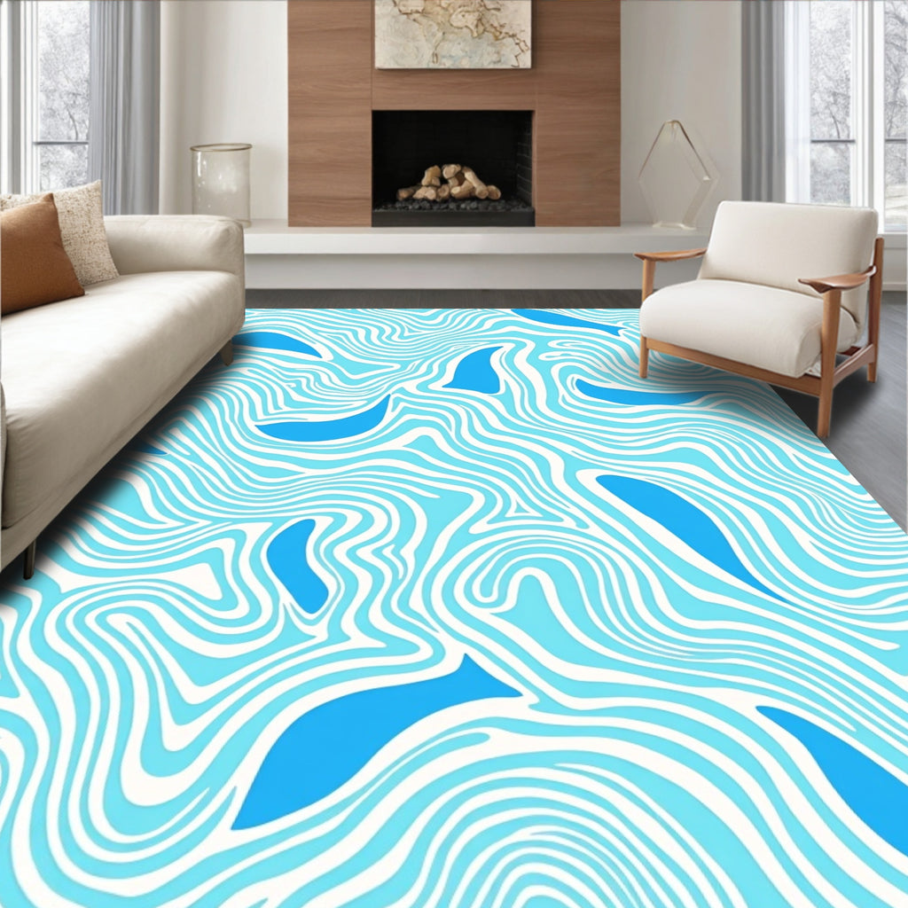 Blue Fish Flowing Wave Pattern Rug