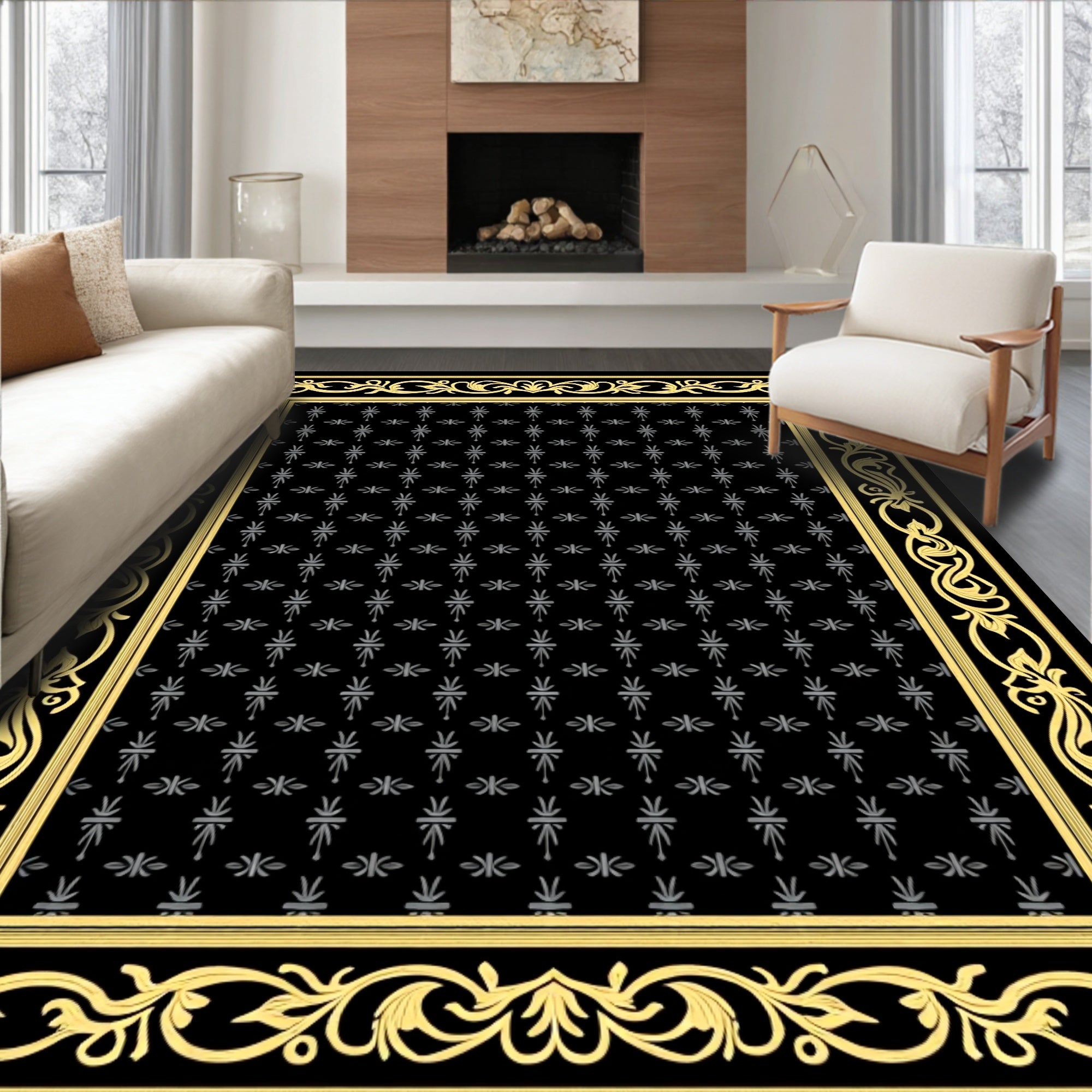 Elegant Black Yellow Floral Medallion Pattern Rug