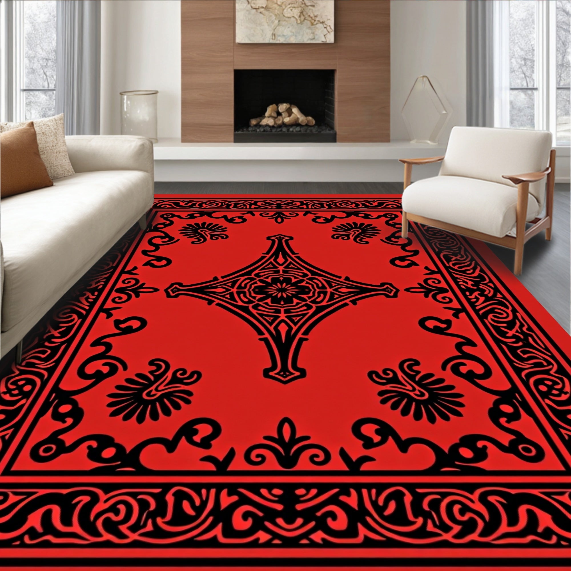 Bold Red Black Ornate Scroll Rug