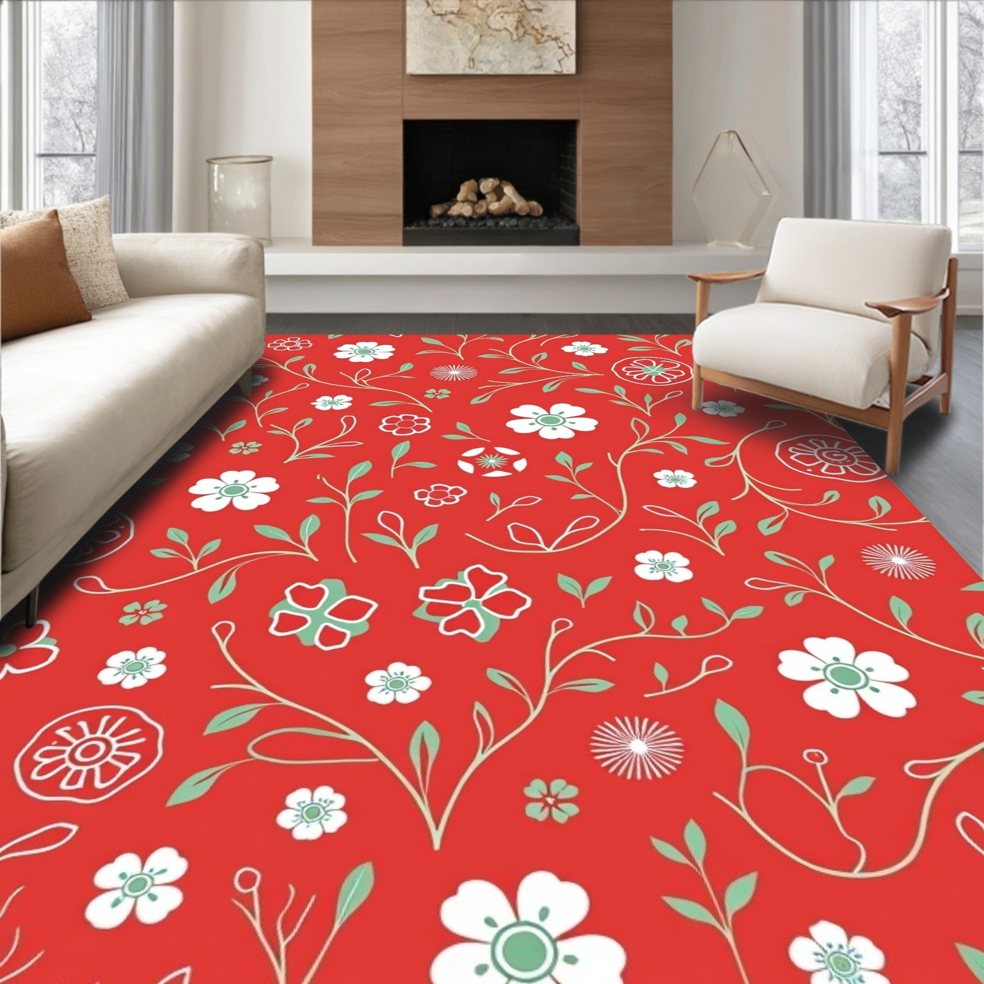 Crimson Floral Vine Pattern Rug