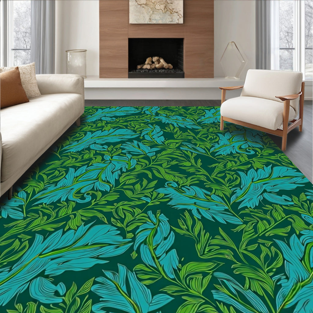 Emerald Teal Leafy Botanical Scroll Rug