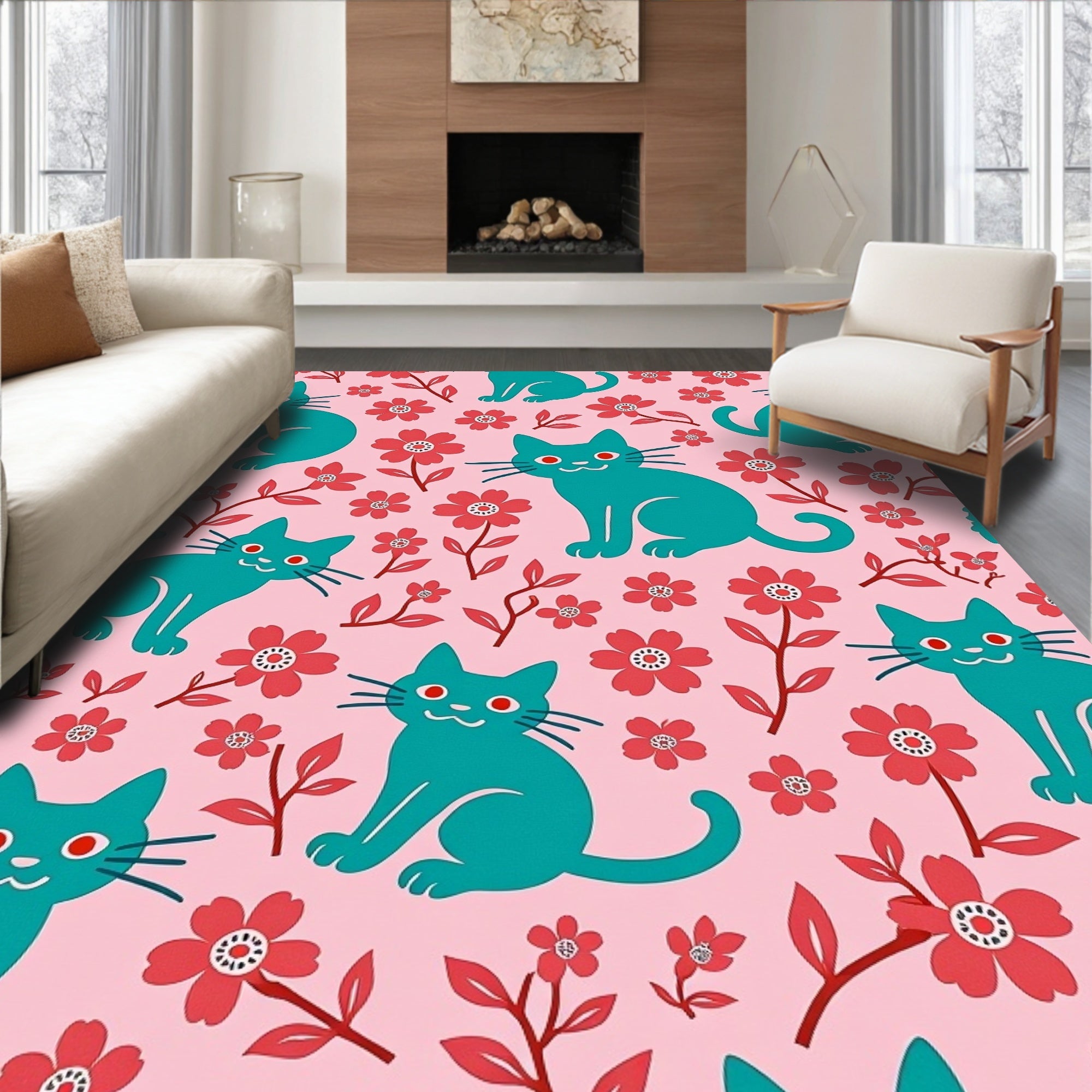 Teal Cats Red Flowers Pattern Rug