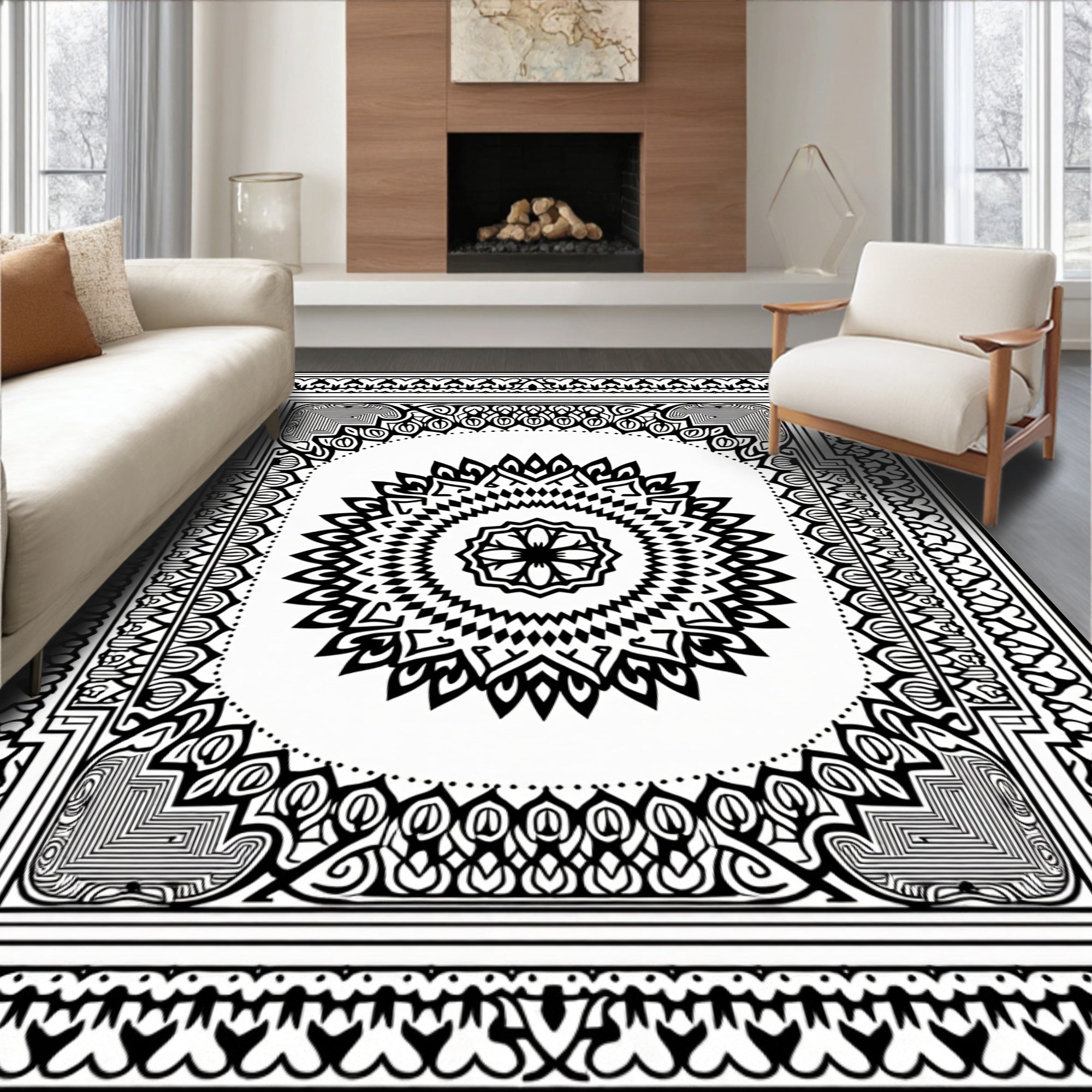 Intricate Black White Mandala Design Rug