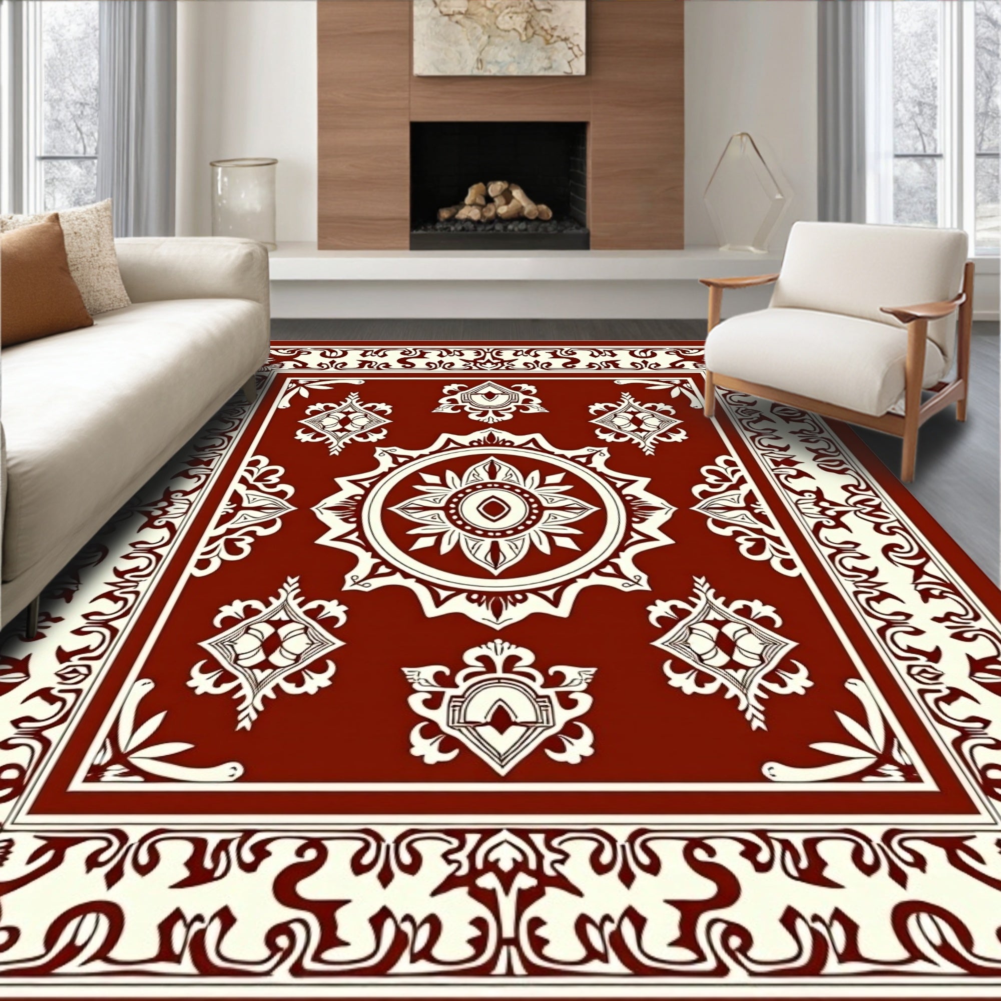Ornate Red Cream Medallion Pattern Rug