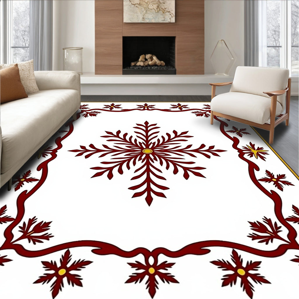 Crimson Snowflakes Border Yellow Accent Rug